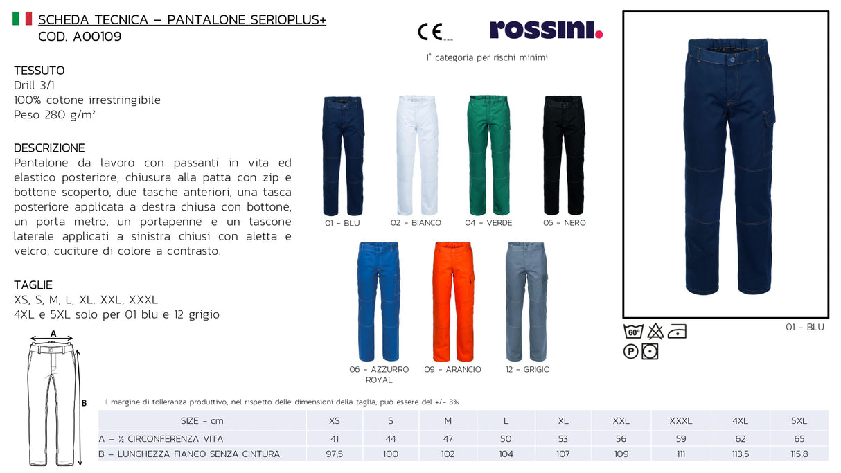 PANTALONE UOMO DA LAVORO CLASSICO CON ELASTICO POSTERIORE E LOGO LATO TASCA GAMBA DESTRA