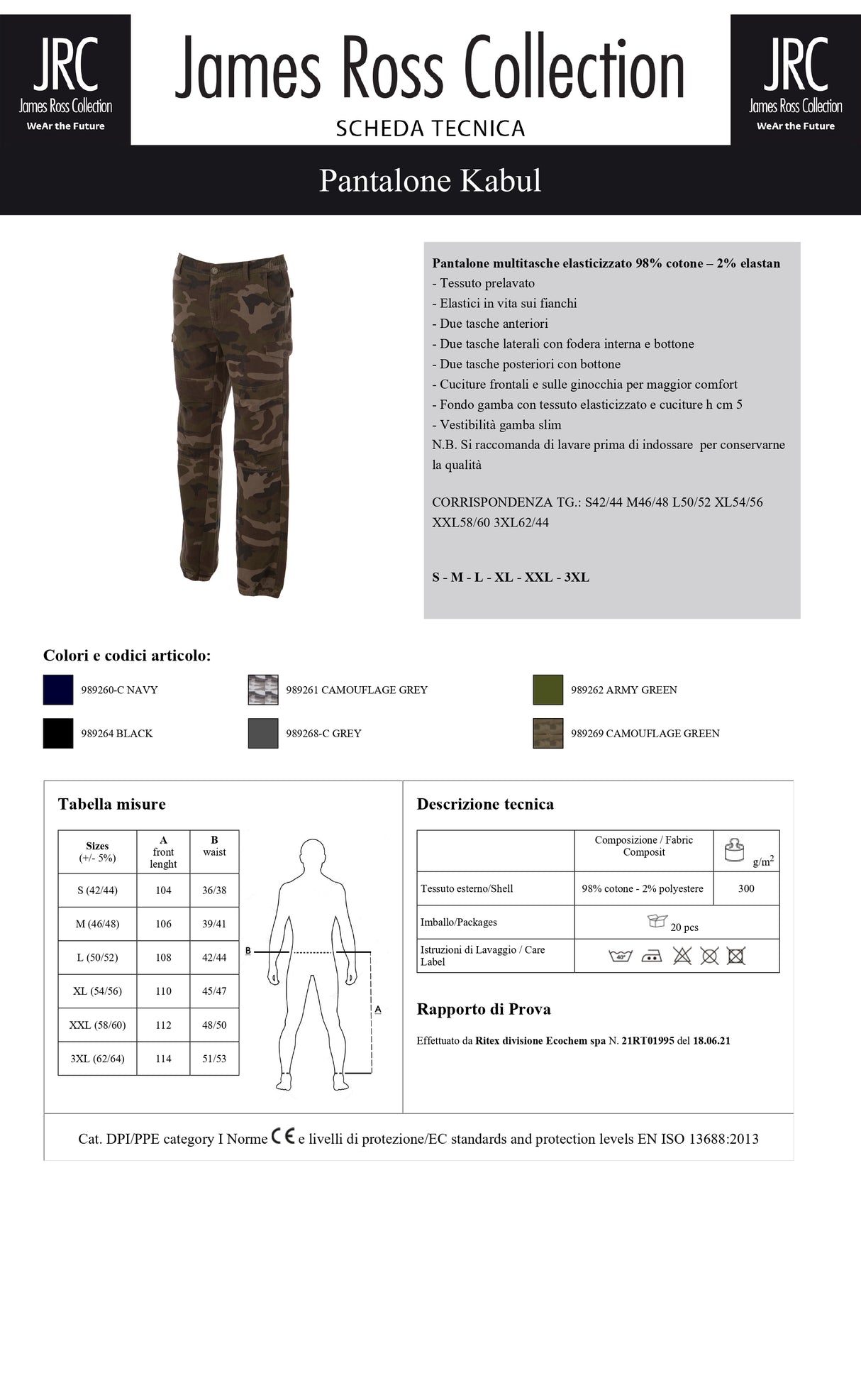 PANTALONE MULTITASCHE ELASTICIZZATO JRC KABUL UOMO