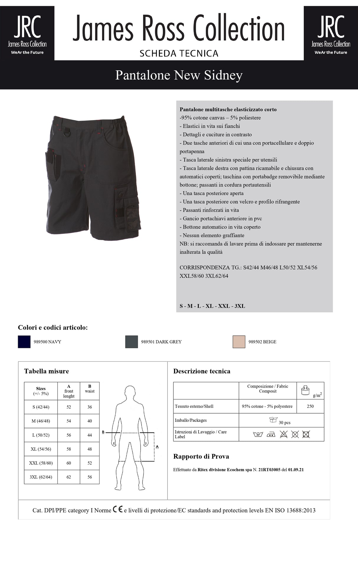 PANTALONE DA LAVORO MULTITASCHE ELASTICIZZATO JRC NEW SIDNEY UOMO