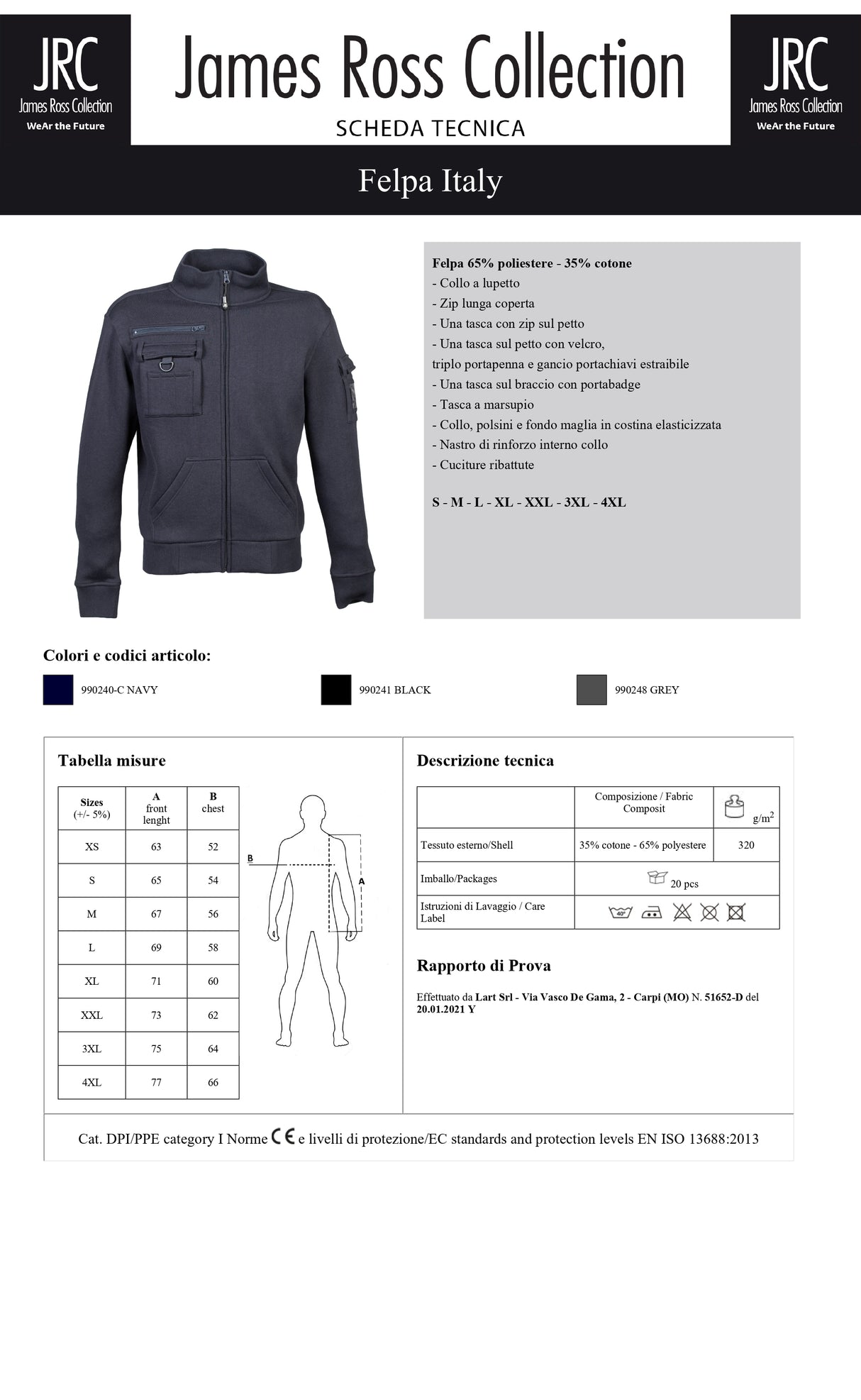 FELPA DA LAVORO CON ZIP JRC ITALY UOMO