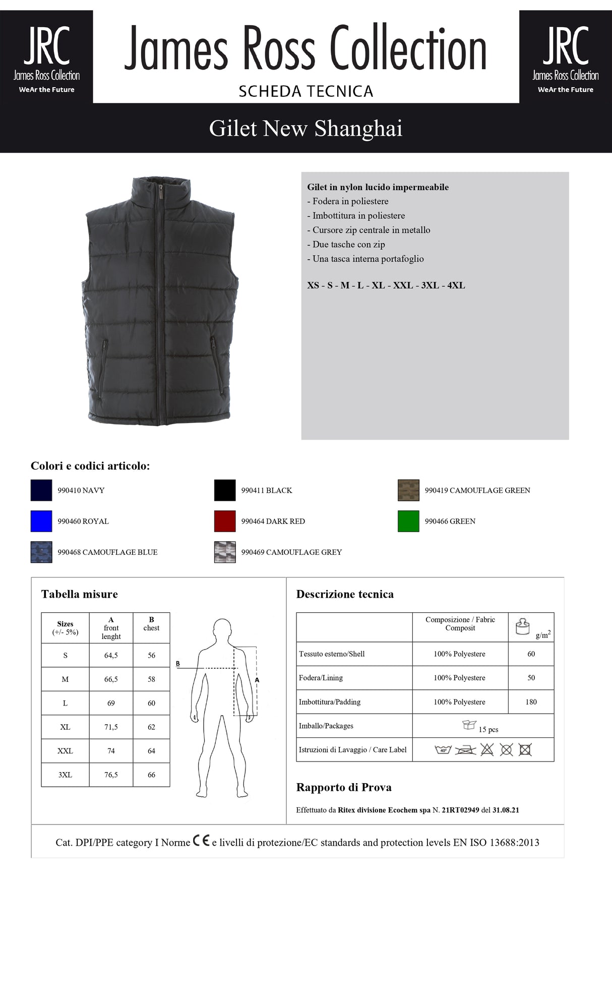 GILET IMBOTTITO IMPERMEABILE JRC NEW SHANGHAI UOMO