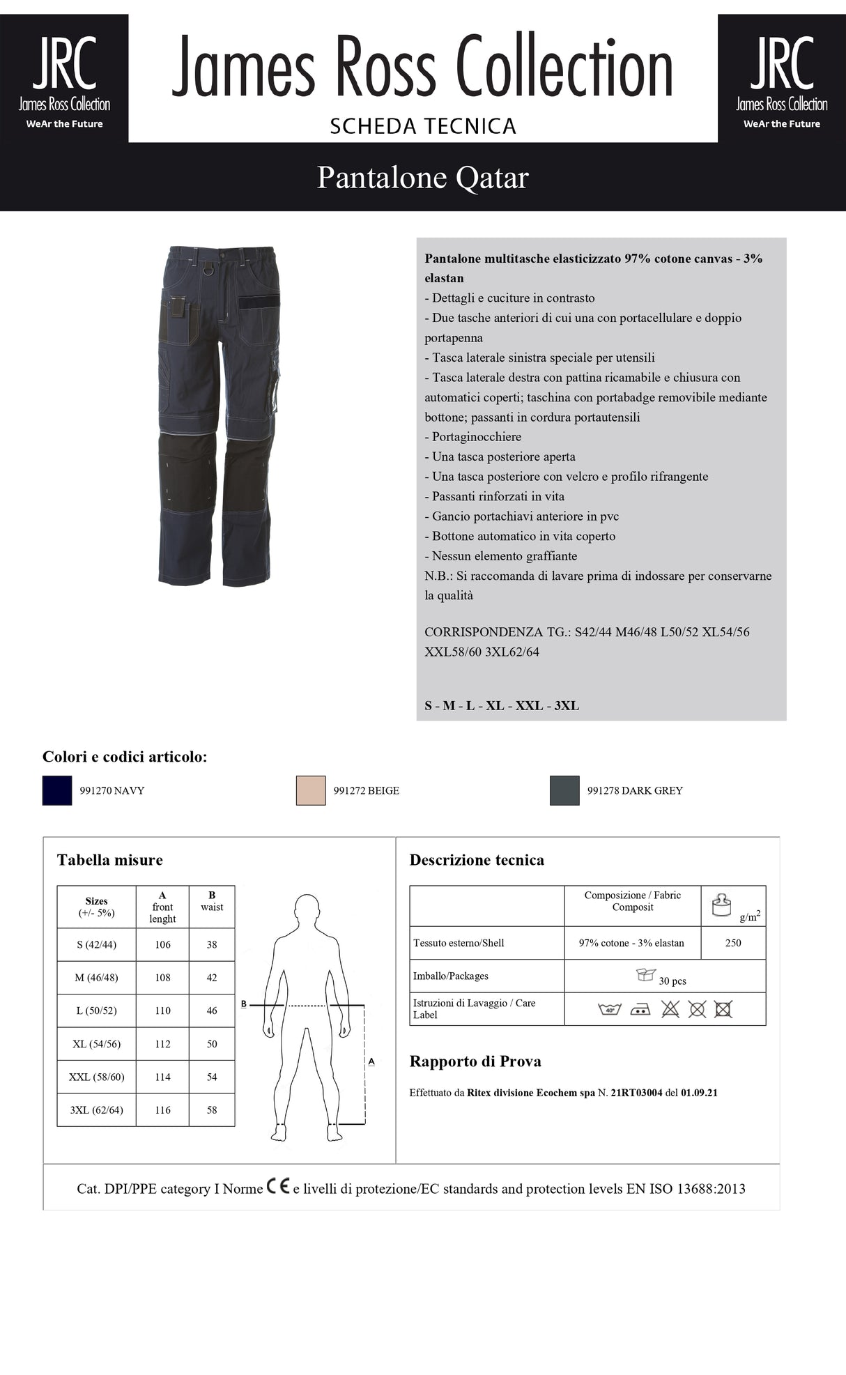 PANTALONE DA LAVORO ELASTICIZZATO JRC QATAR UOMO