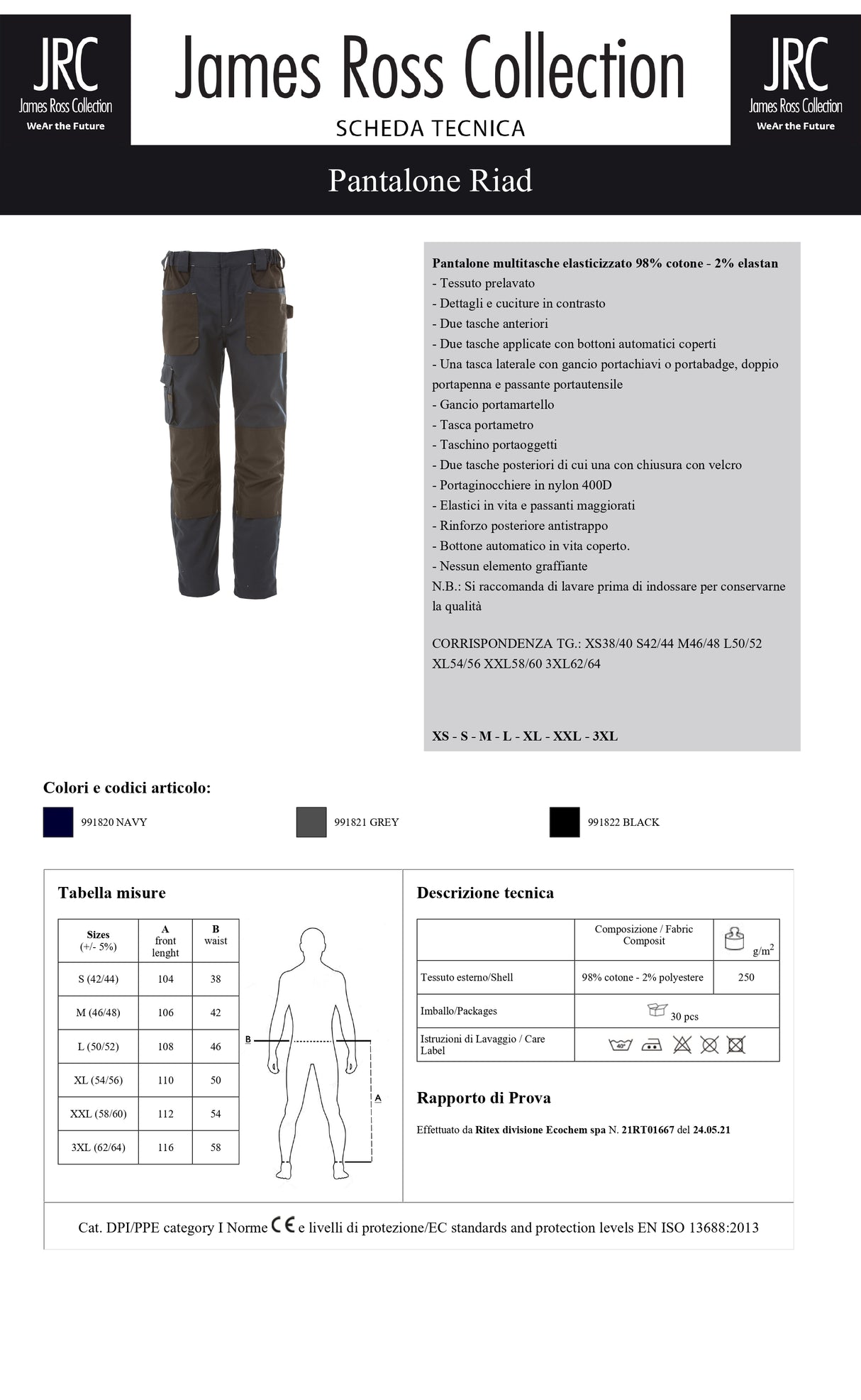 PANTALONE DA LAVORO MULTITASCHE JRC RIAD UOMO