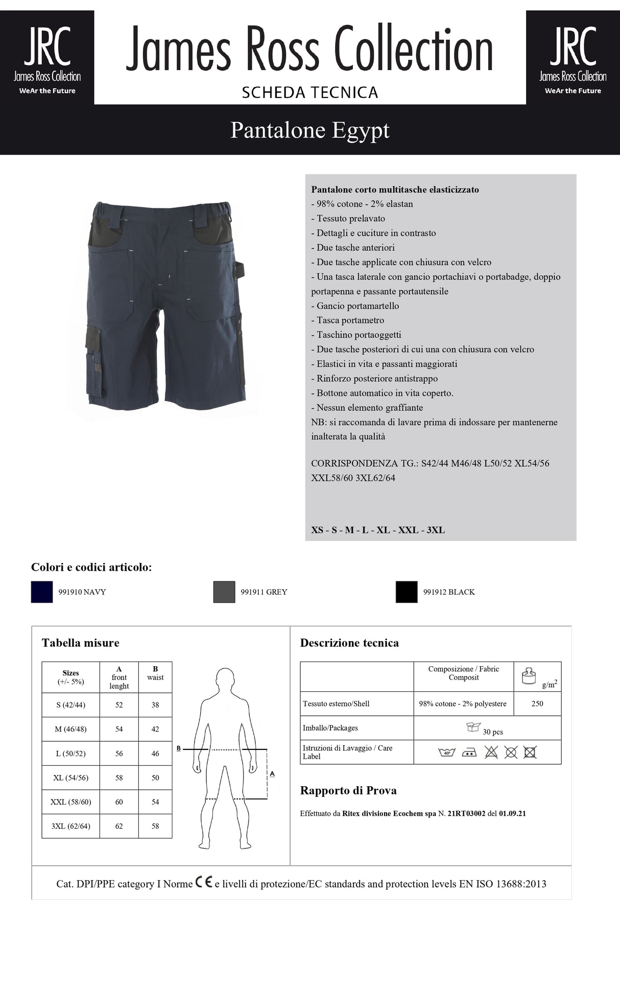 PANTALONE DA LAVORO MULTITASCHE ELASTICIZZATO JRC EGYPT UOMO