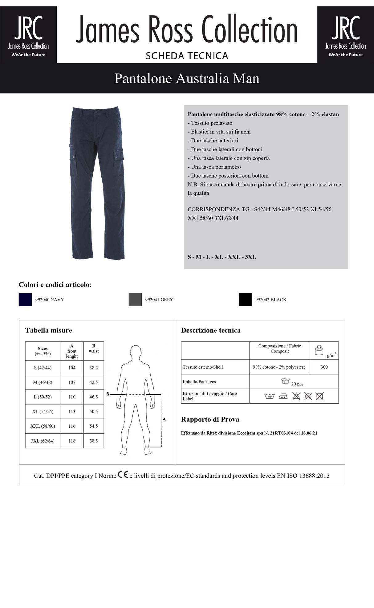 PANTALONE DA LAVORO MULTITASCHE JRC AUSTRALIA MAN UOMO