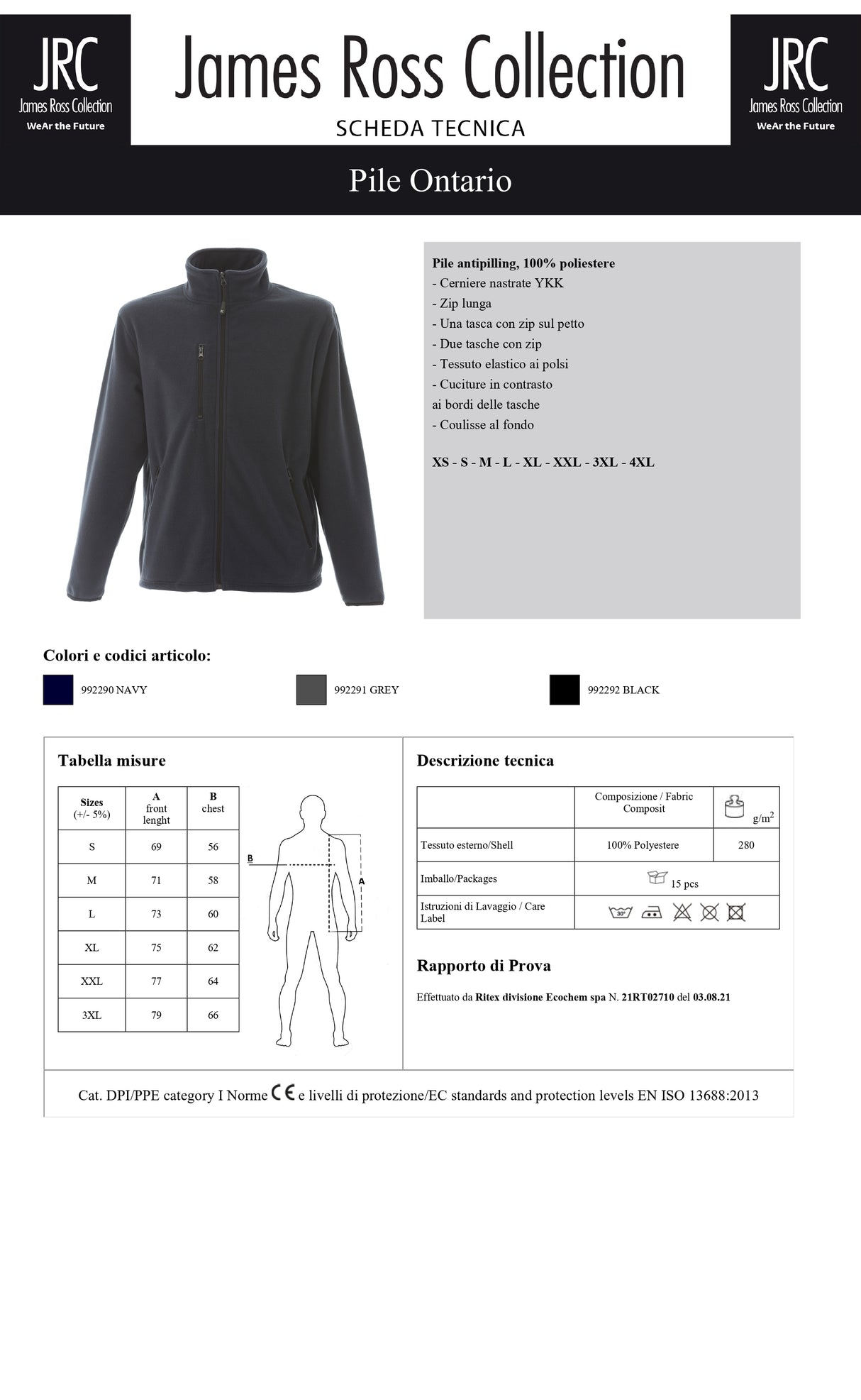 PILE DA LAVORO CON ZIP JRC ONTARIO UOMO