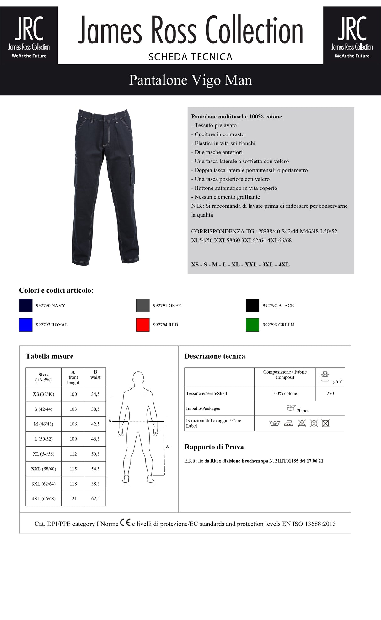 PANTALONE DA LAVORO MULTITASCHE JRC VIGO MAN UOMO