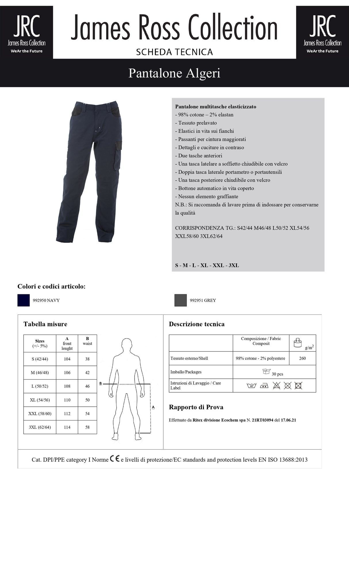 PANTALONE DA LAVORO ELASTICIZZATO JRC ALGERI UOMO