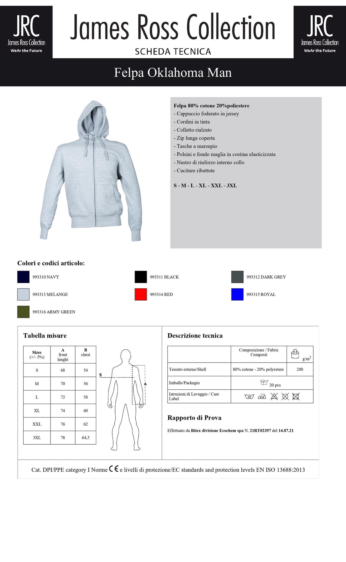 FELPA CON CAPPUCCIO E ZIP JRC OKLAHOMA MAN UOMO