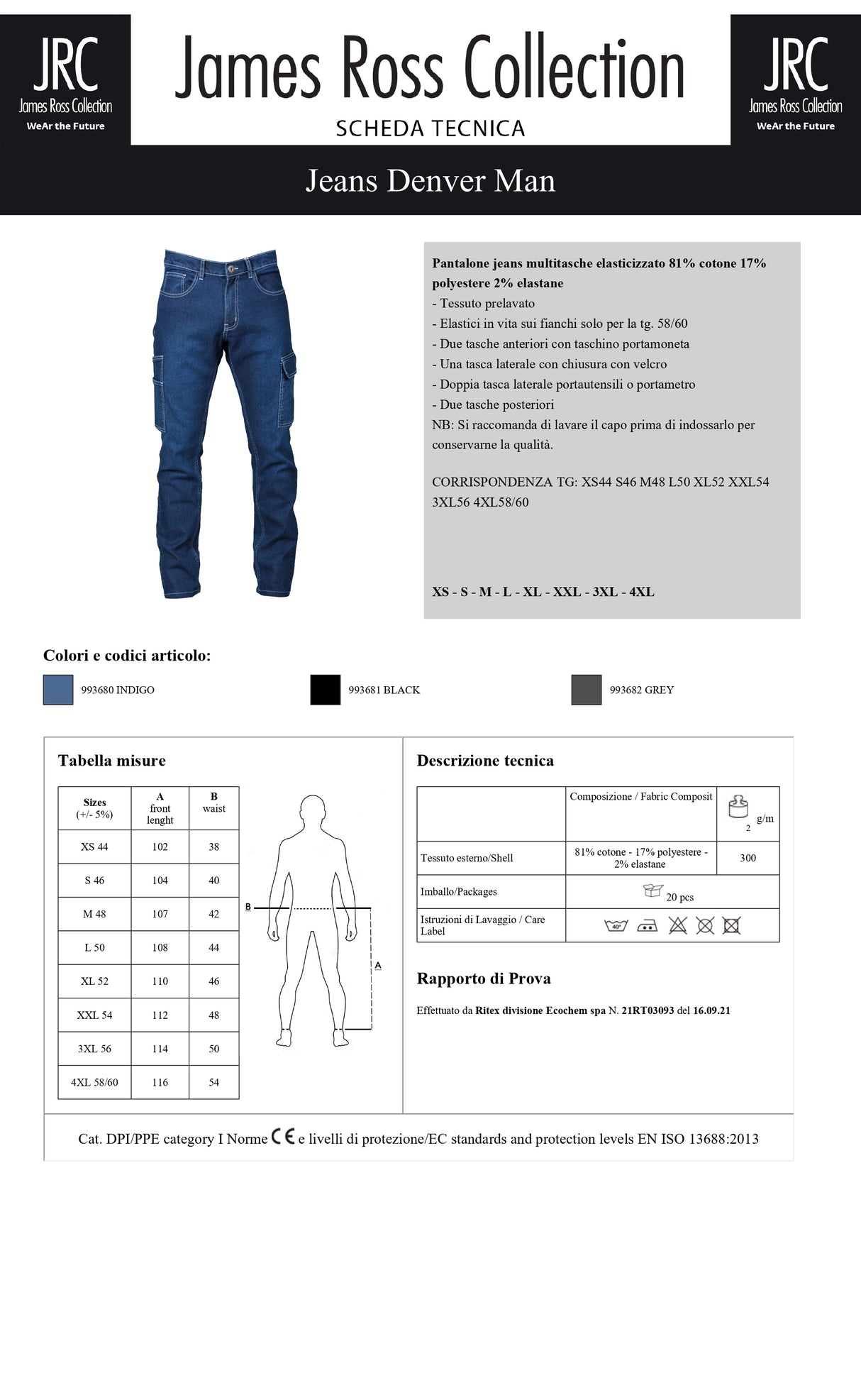 PANTALONE DA LAVORO ELASTICIZZATO JRC DENVER MAN UOMO
