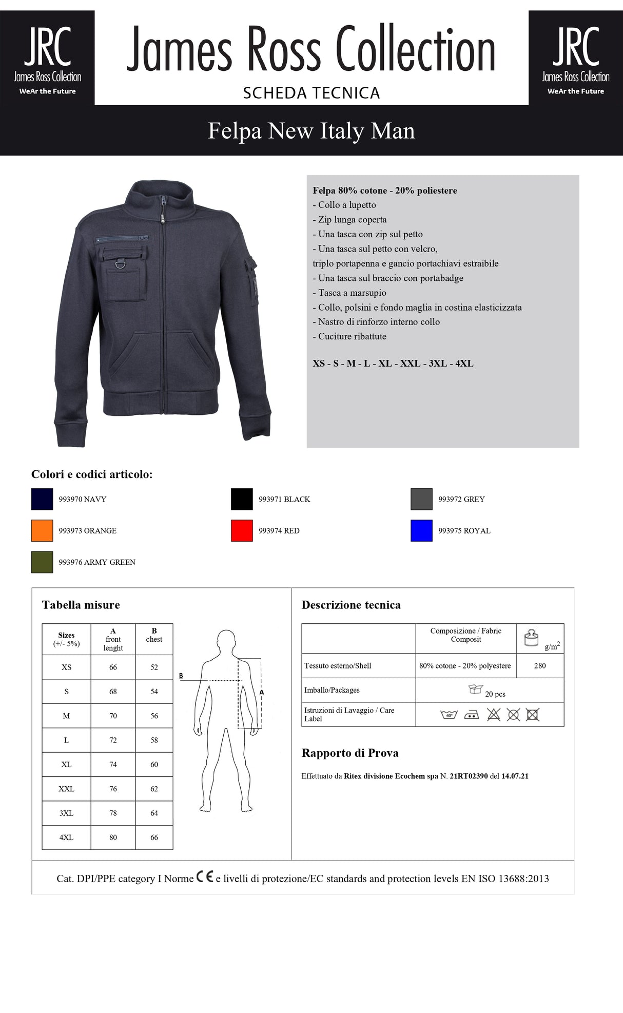 FELPA DA LAVORO CON ZIP JRC NEW ITALY MAN UOMO