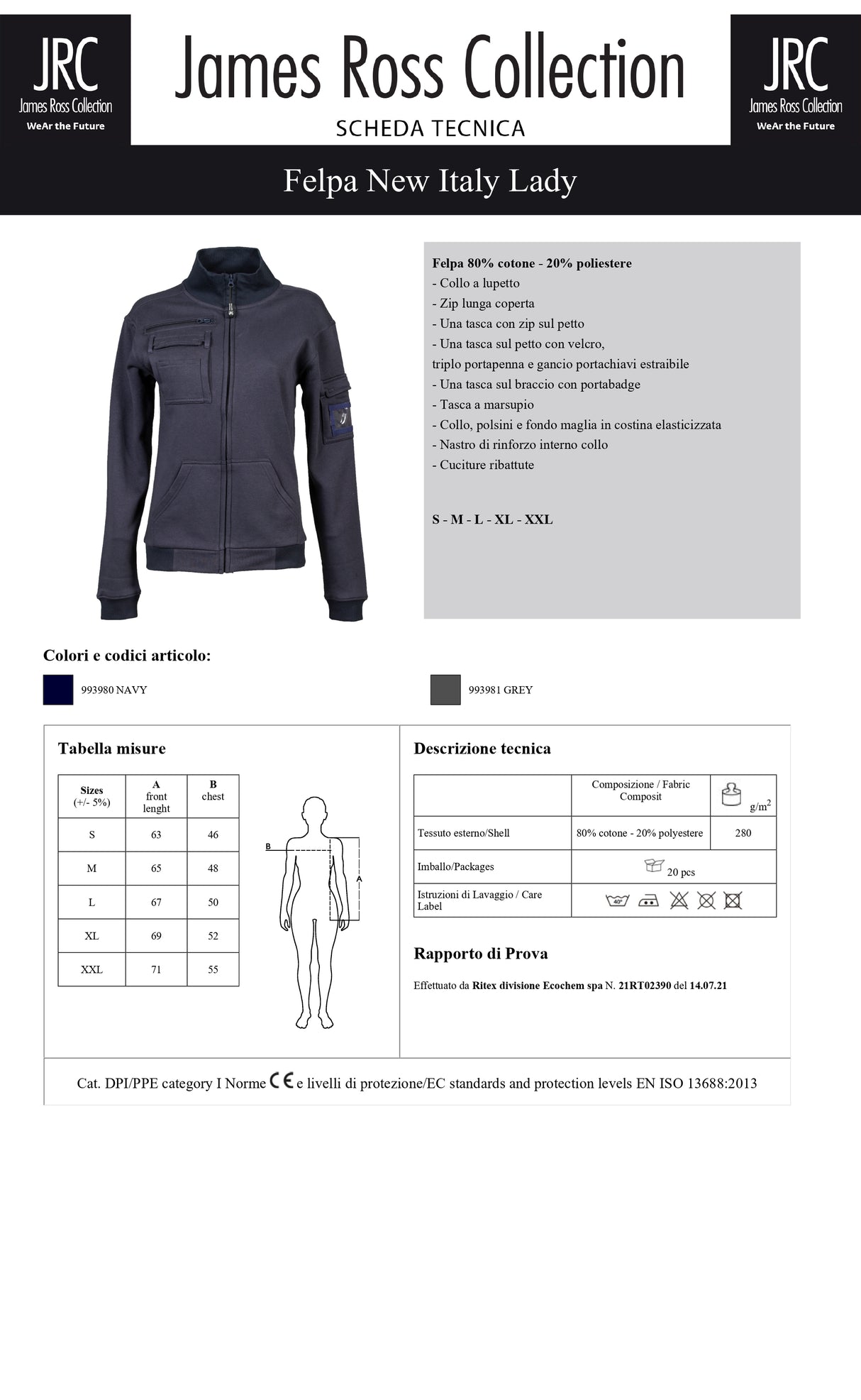 FELPA DA LAVORO CON ZIP JRC NEW ITALY LADY DONNA