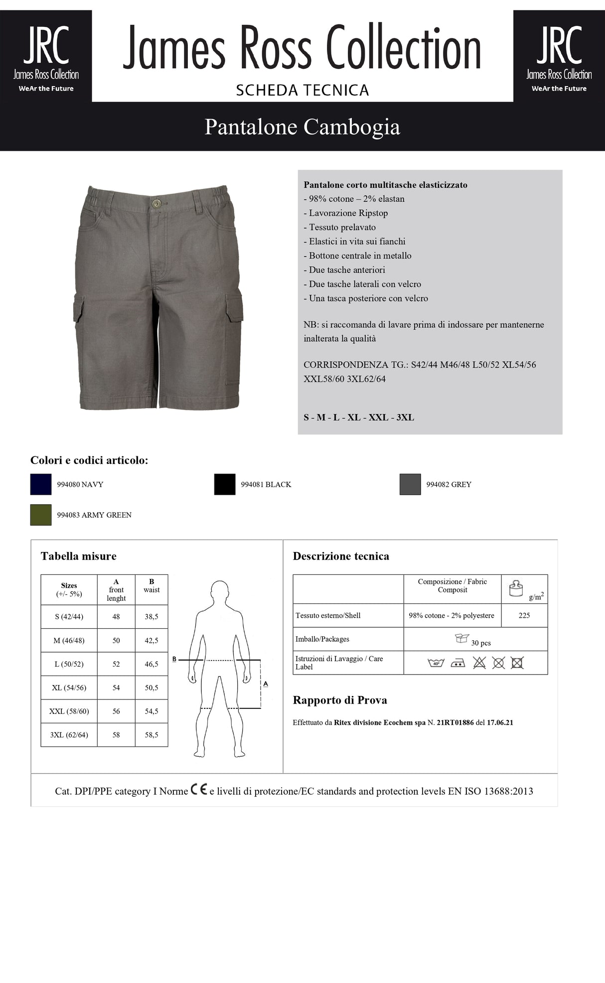 PANTALONE MULTITASCHE ELASTICIZZATO JRC CAMBOGIA UOMO