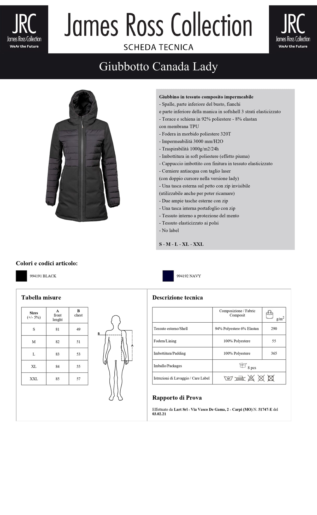 GIACCA IMBOTTITA IMPERMEABILE JRC CANADA LADY DONNA