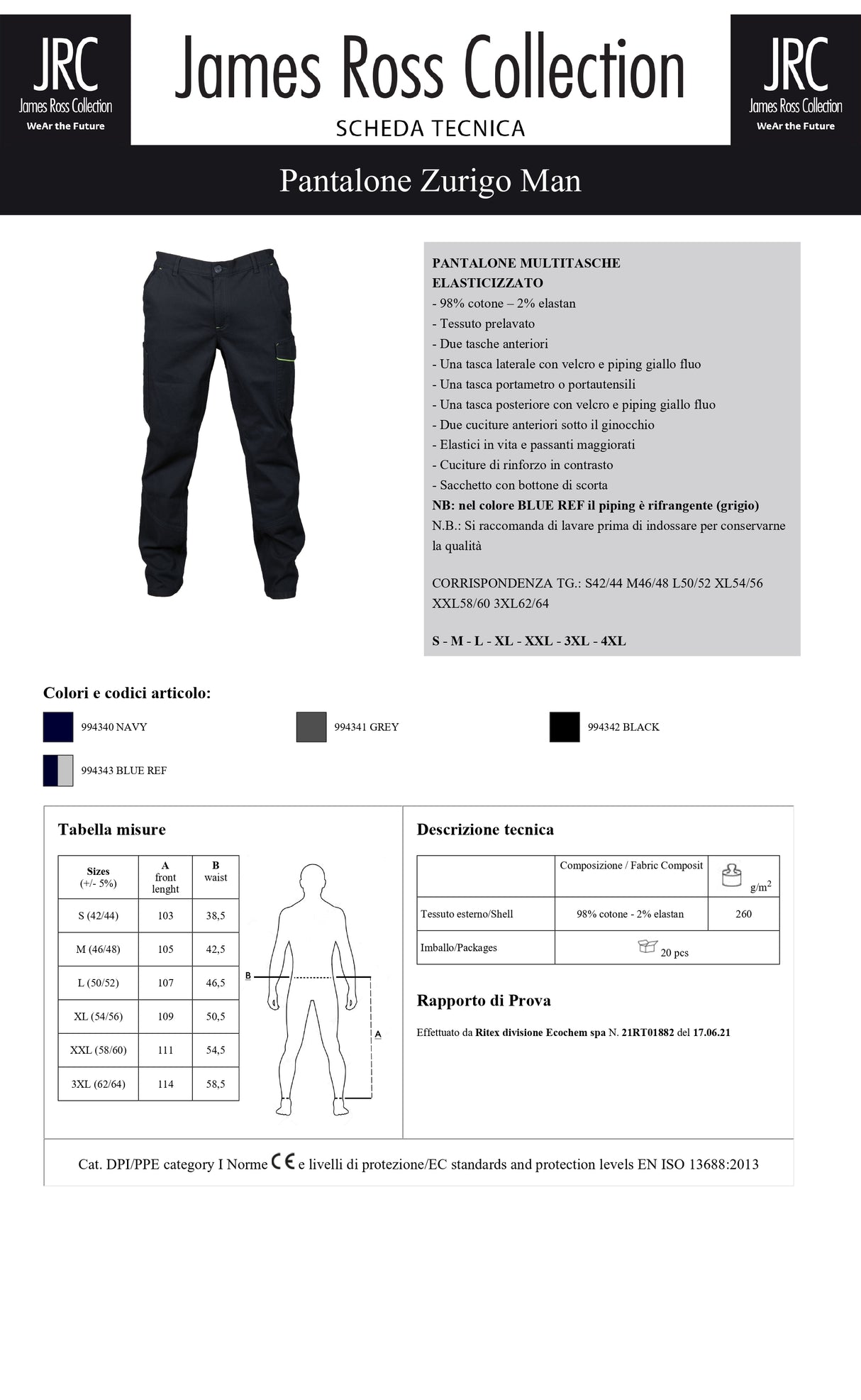 PANTALONE DA LAVORO JRC ZURIGO MAN UOMO