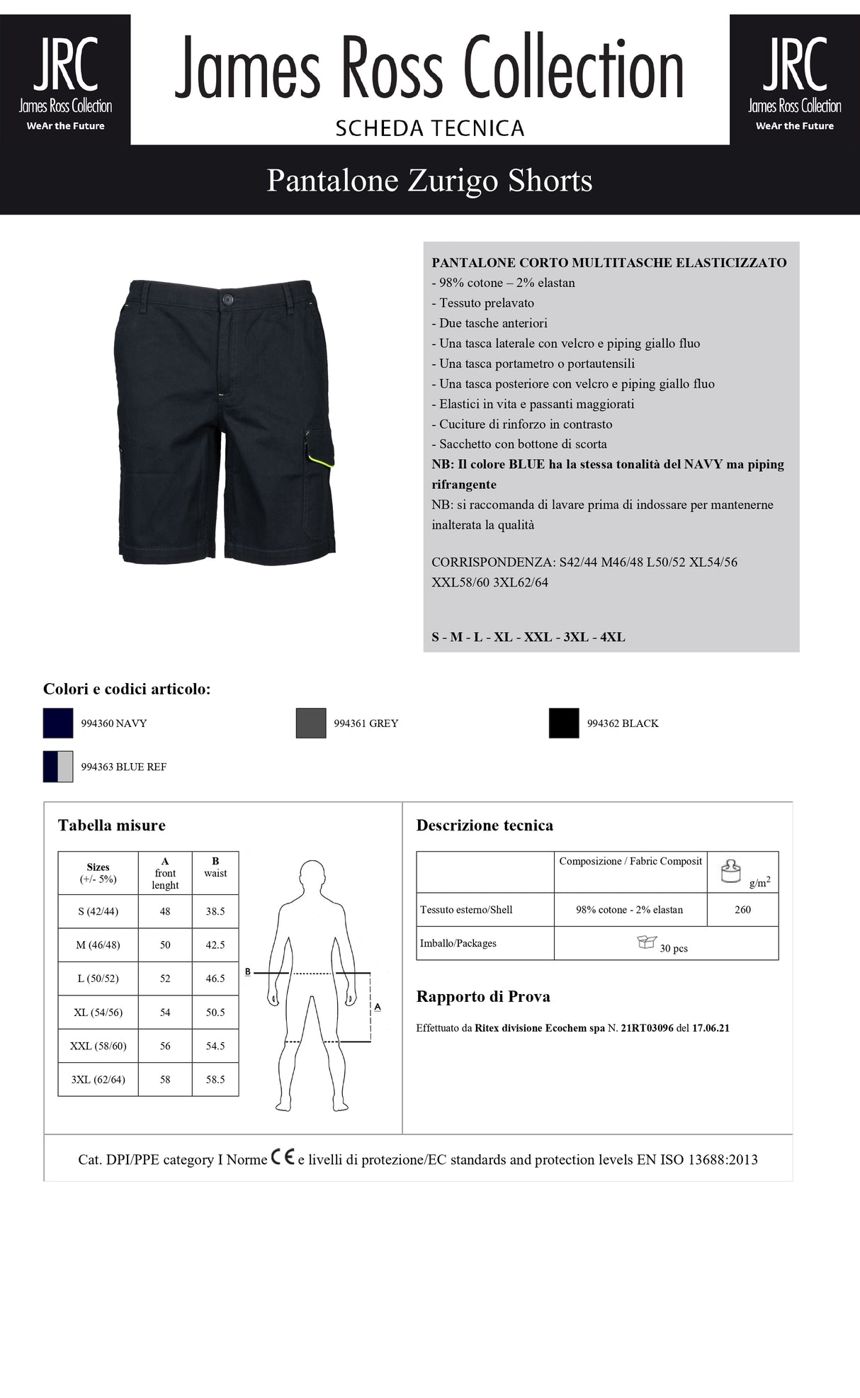 PANTALONE DA LAVORO MULTITASCHE ELASTICIZZATO JRC ZURIGO SHORTS UOMO