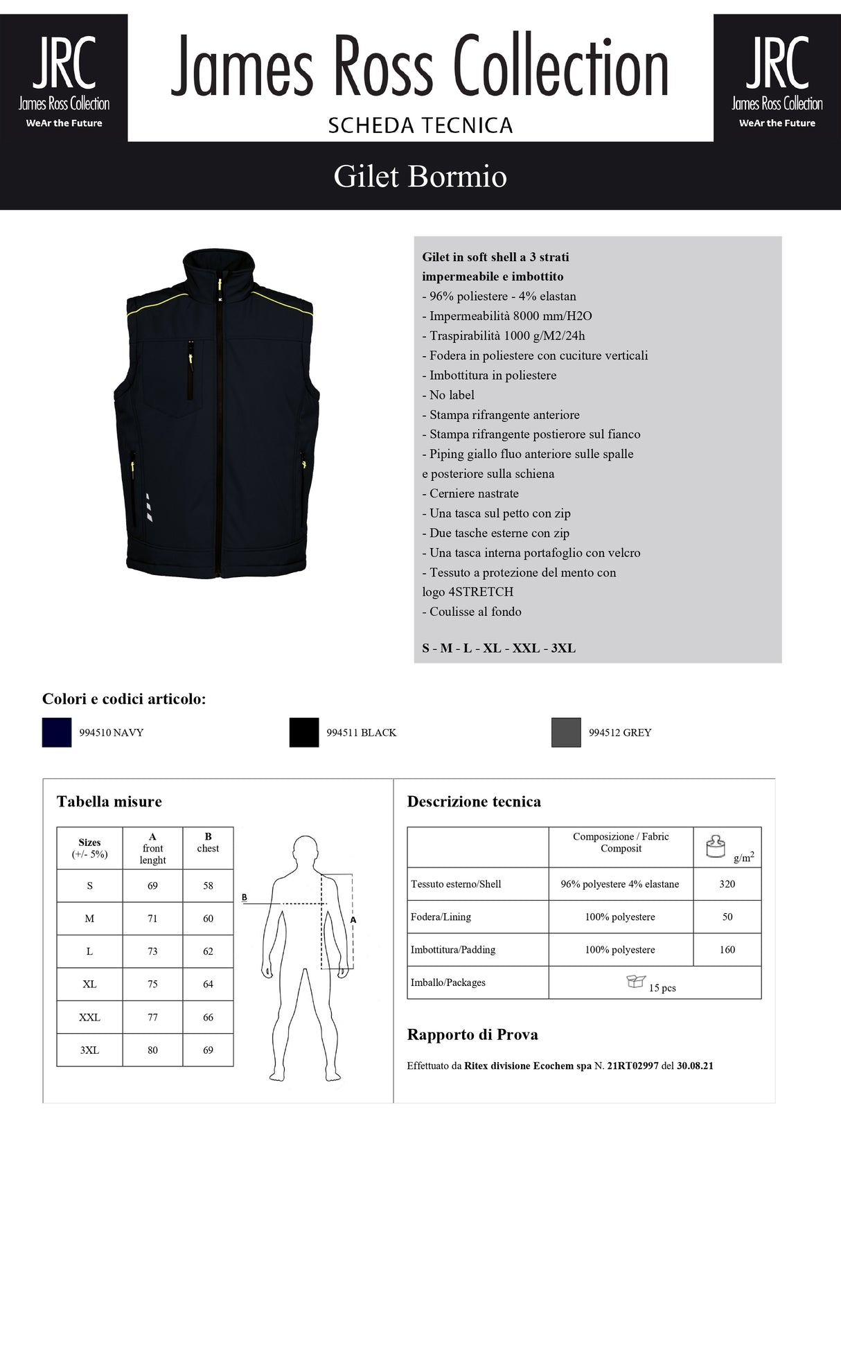 GILET IN SOFTSHELL DA LAVORO IMPERMEABILE IMBOTTITO JRC BORMIO UOMO