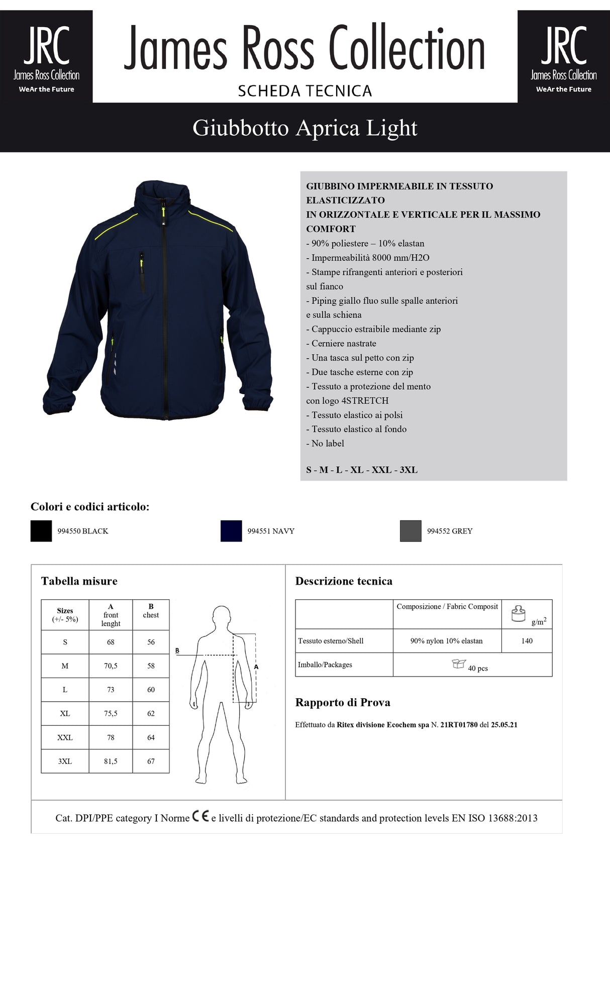 GIUBBINO DA LAVORO IMPERMEABILE JRC APRICA LIGHT UOMO