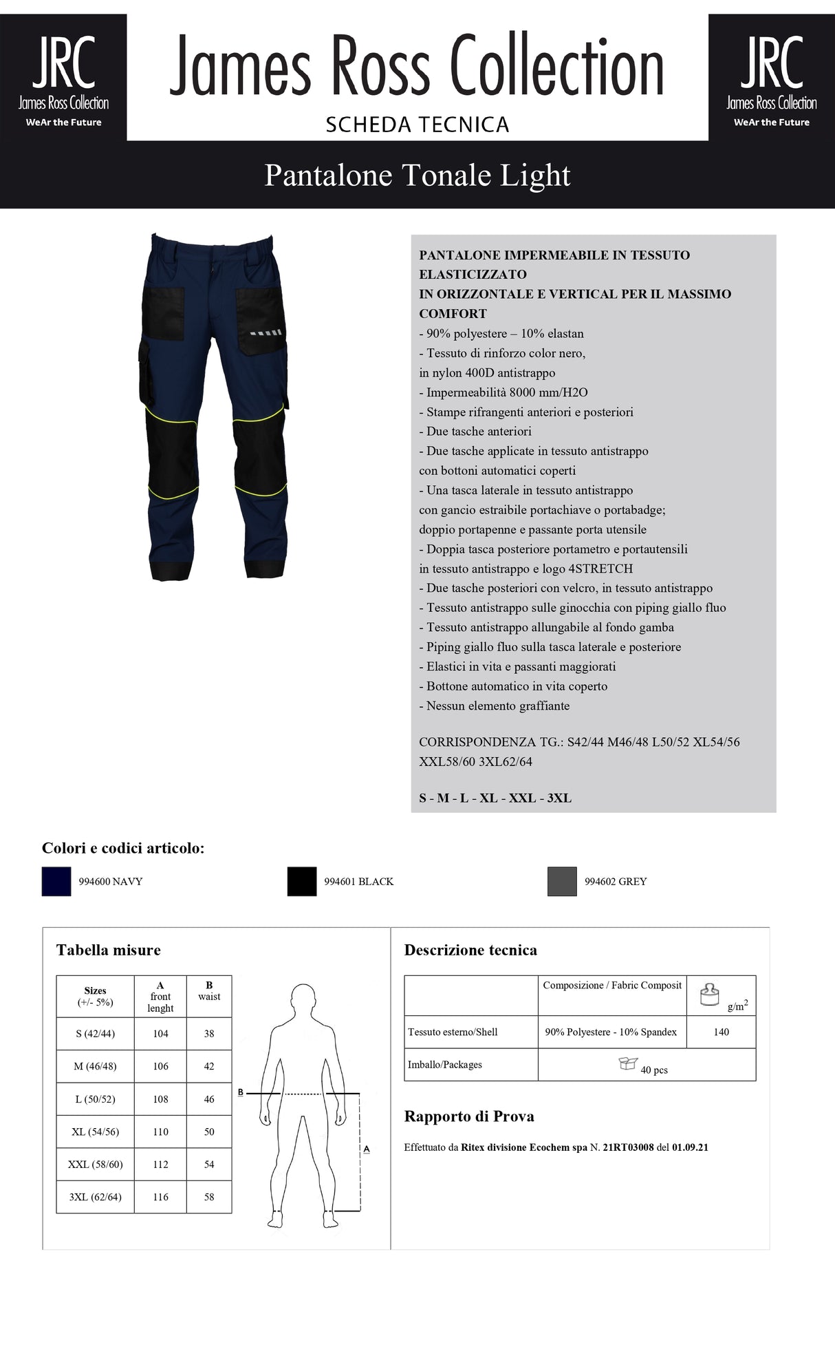 PANTALONE DA LAVORO ELASTICIZZATO JRC TONALE LIGHT UOMO