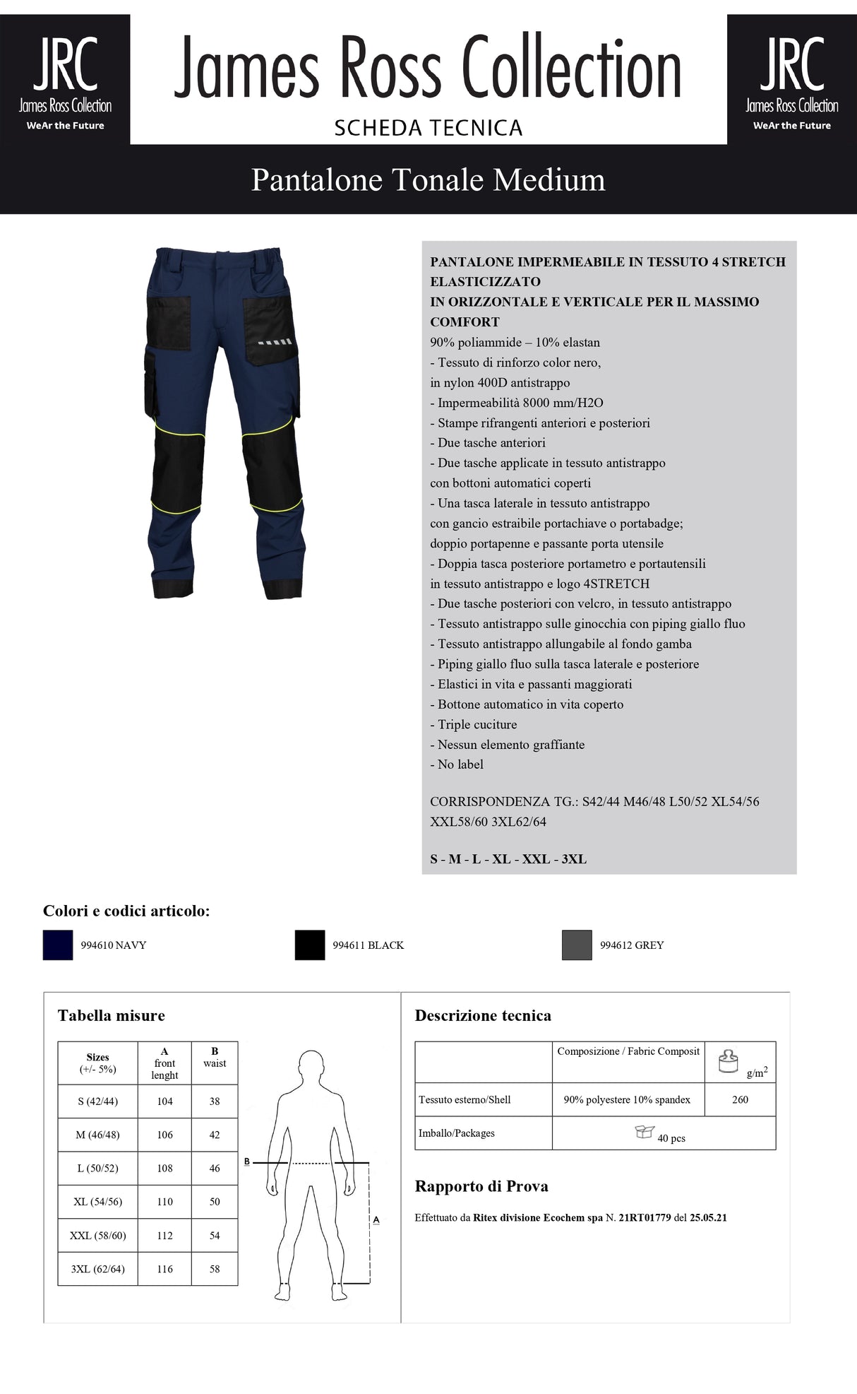 PANTALONE UOMO IMPERMEABILE ELASTICIZZATO CON LOGO STAMPATO LATO TASCA GAMBA DESTRA