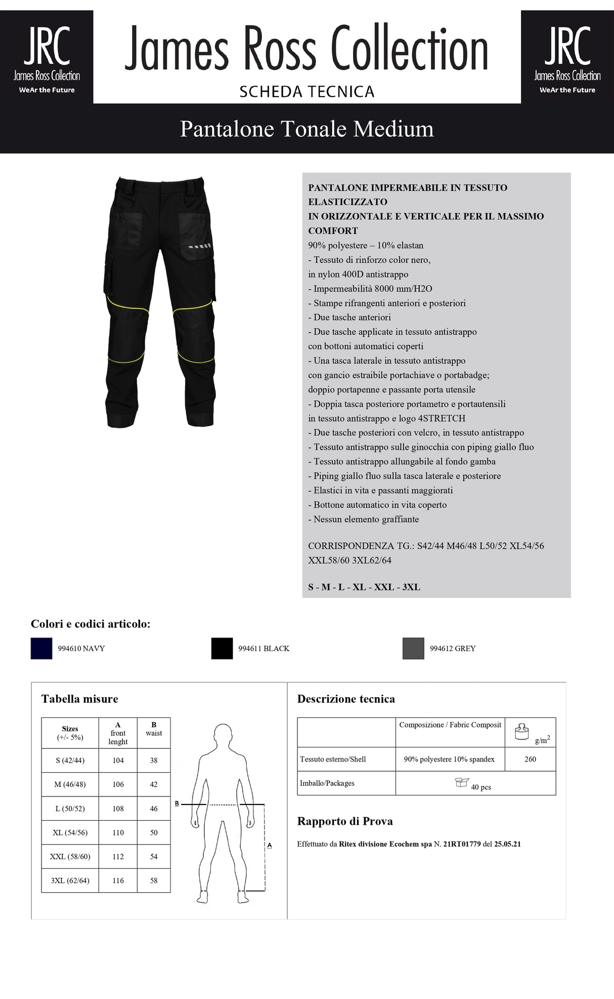 PANTALONE DA LAVORO ELASTICIZZATO JRC TONALE MEDIUM UOMO