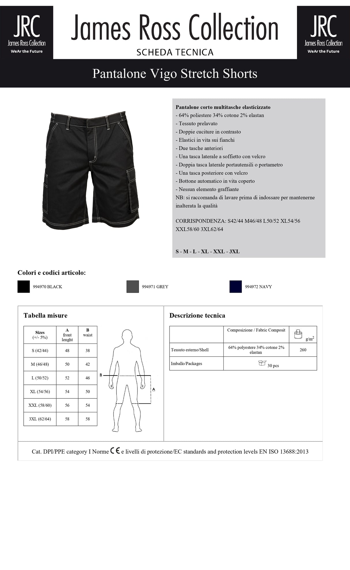 PANTALONE DA LAVORO MULTITASCHE ELASTICIZZATO JRC VIGO STRETCH SHORTS UOMO
