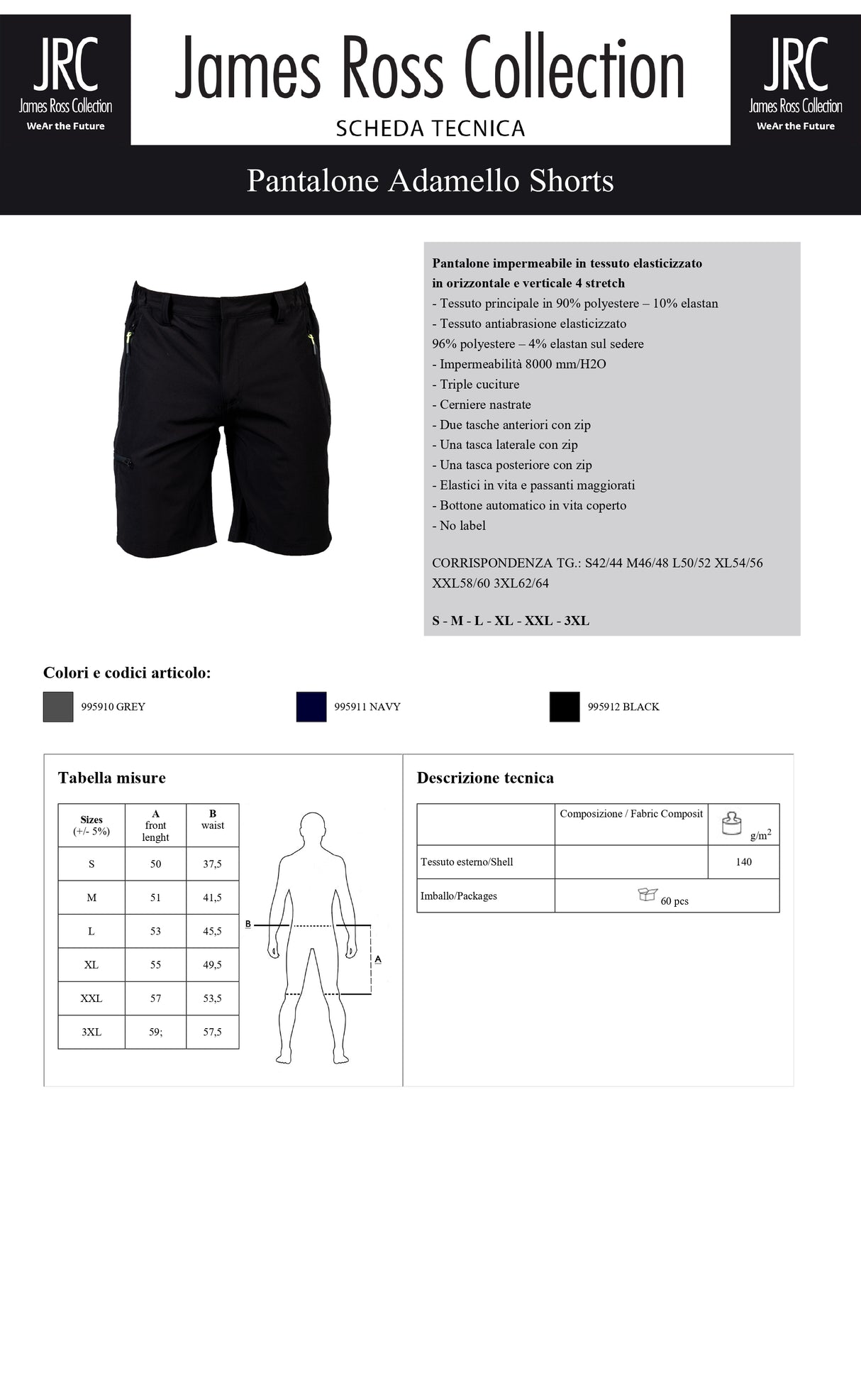 PANTALONE DA LAVORO IMPERMEABILE ELASTICIZZATO JRC ADAMELLO SHORTS UOMO