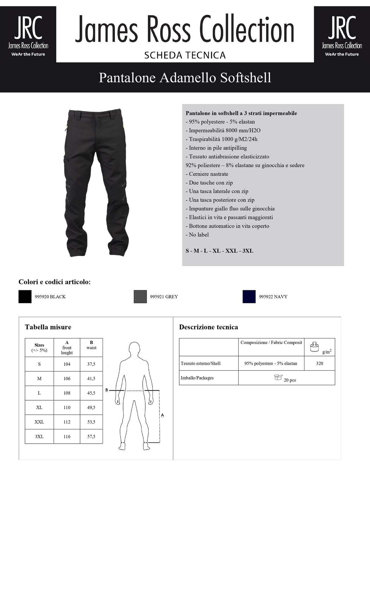 PANTALONE DA LAVORO IMPERMEABILE JRC ADAMELLO SOFTSHELL UOMO