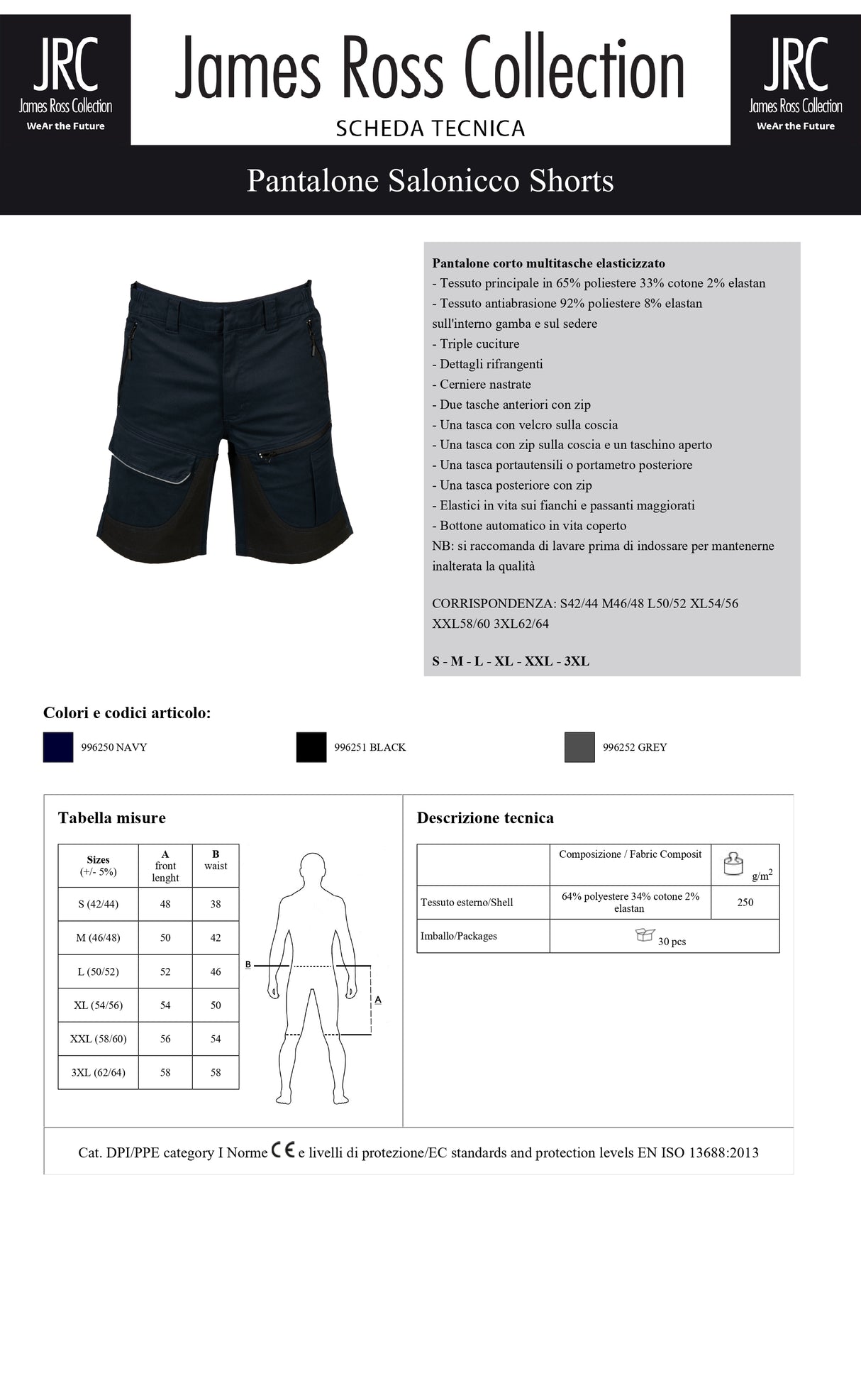 PANTALONE DA LAVORO MULTITASCHE ELASTICIZZATO JRC SALONICCO SHORTS UOMO
