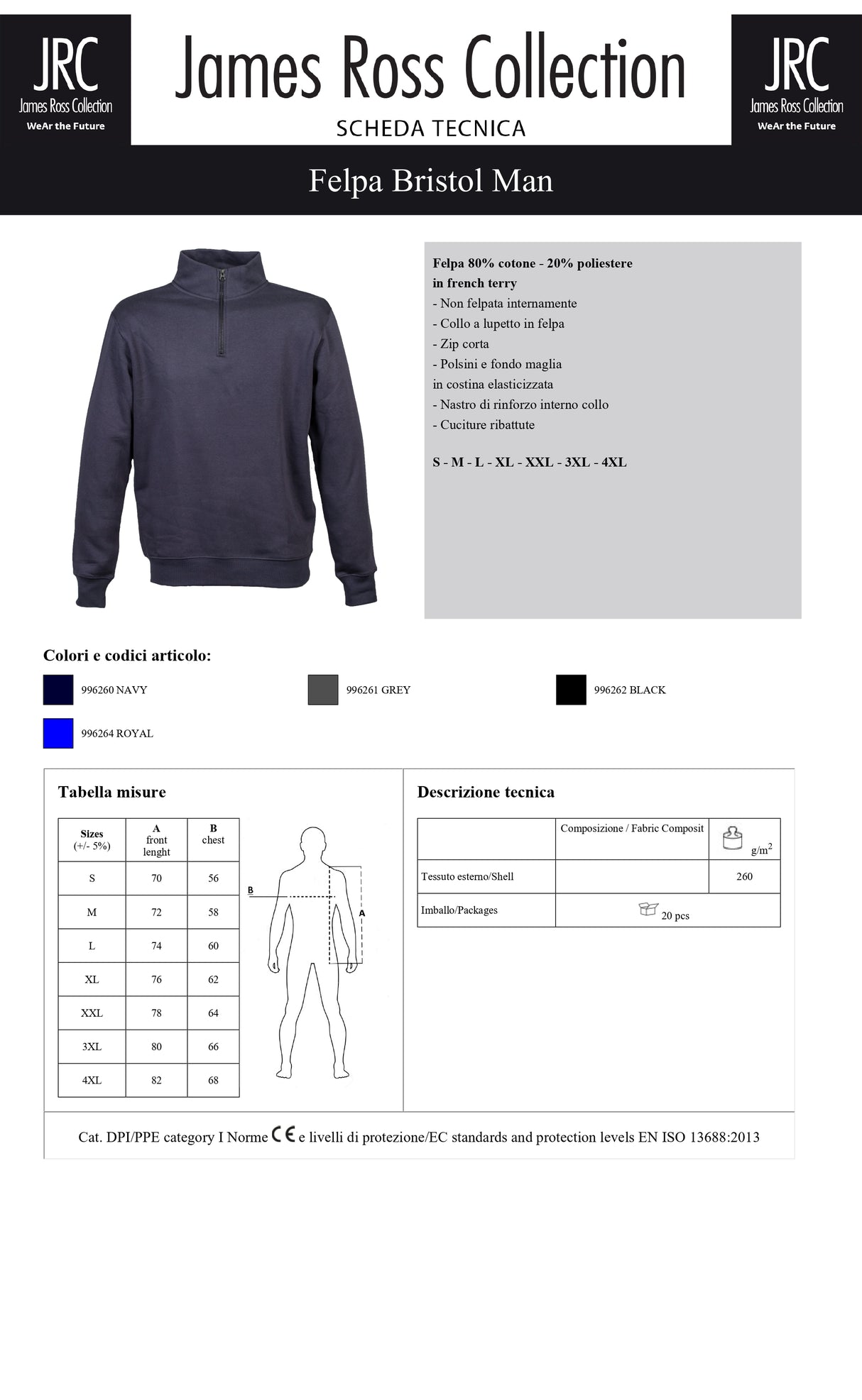 FELPA CON MEZZA ZIP JRC BRISTOL MAN UOMO