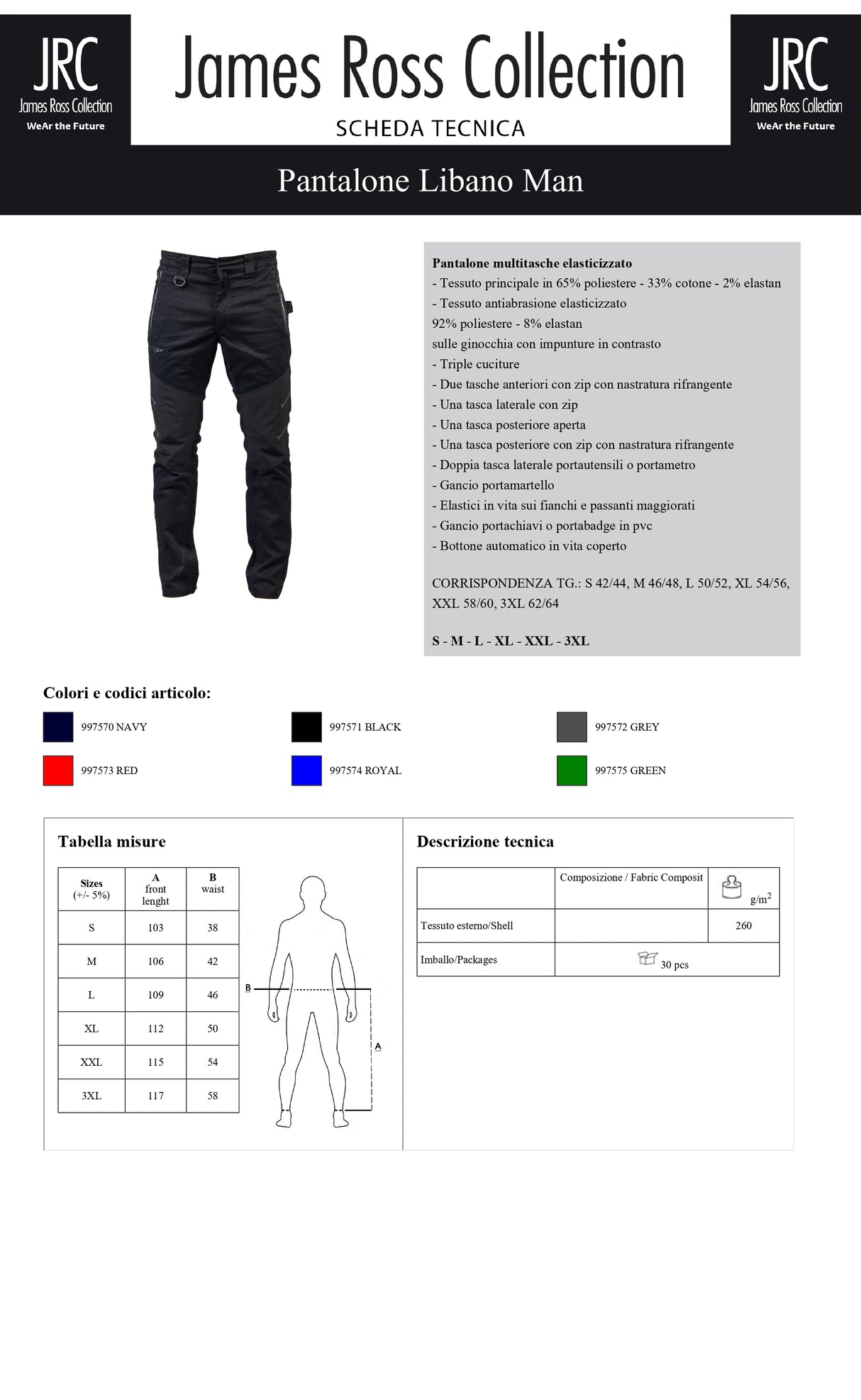 PANTALONE DA LAVORO MULTITASCHE ELASTICIZZATO JRC LIBANO MAN UOMO