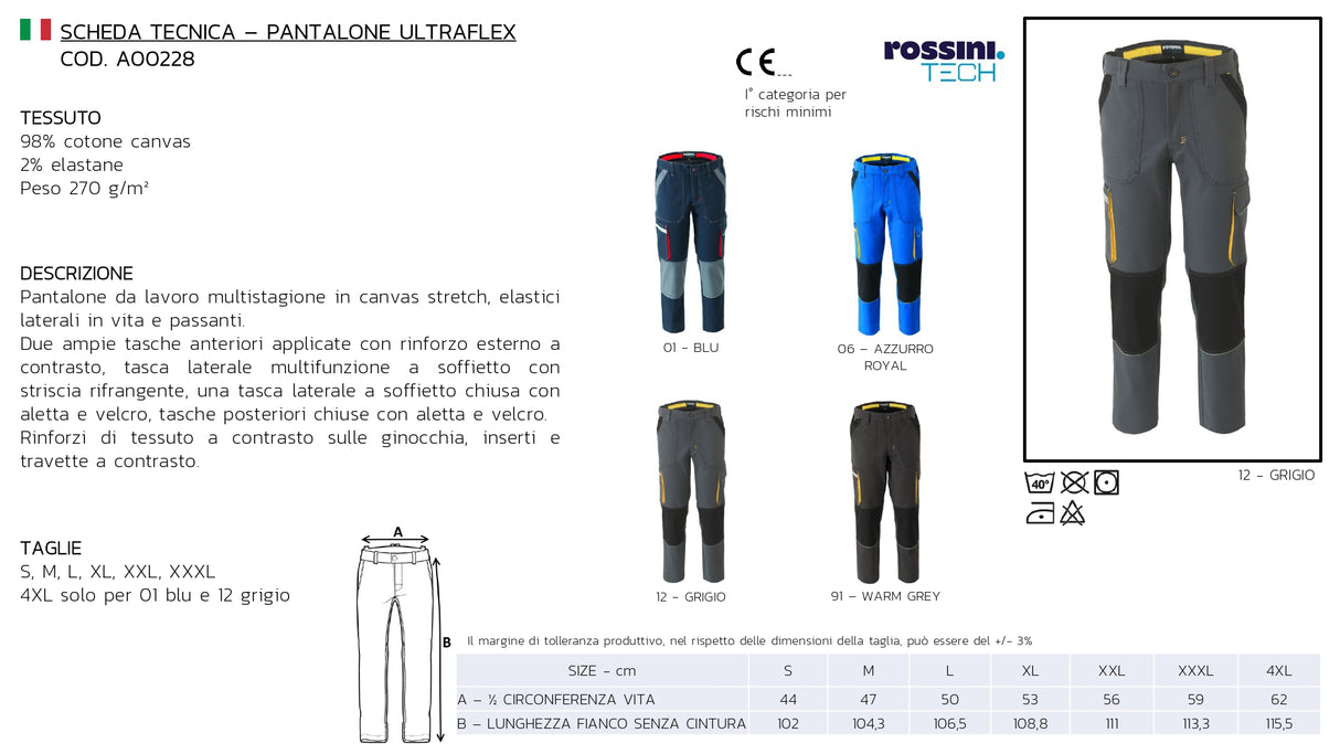 PANTALONE DA LAVORO MULTITASCHE ELASTICIZZATO ROSSINI ULTRAFLEX A00228