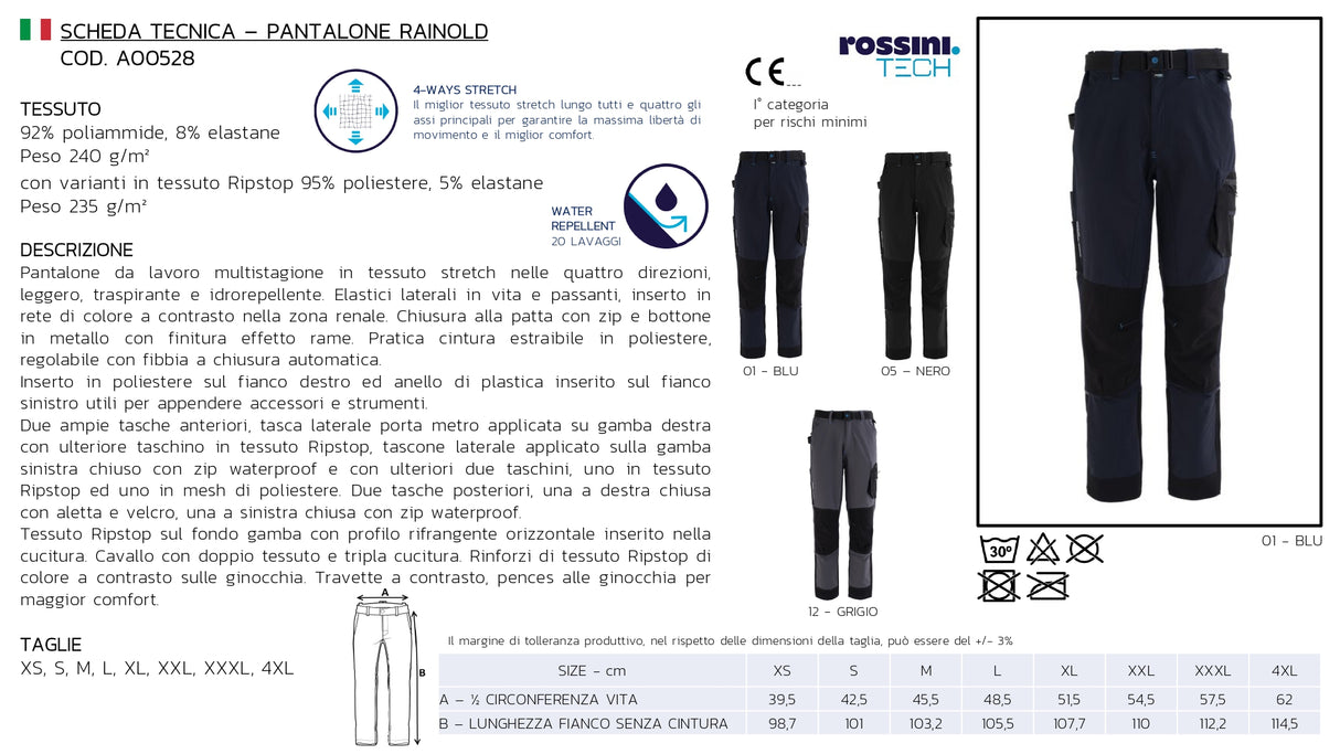 PANTALONE DA LAVORO MULTITASCHE ELASTICIZZATO RAINOLD A00528 ROSSINI TECH UOMO