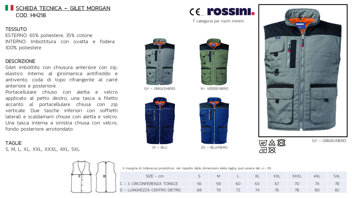 GILET DA LAVORO MULTITASCHE IMBOTTITO ROSSINI MORGAN HH218 UOMO