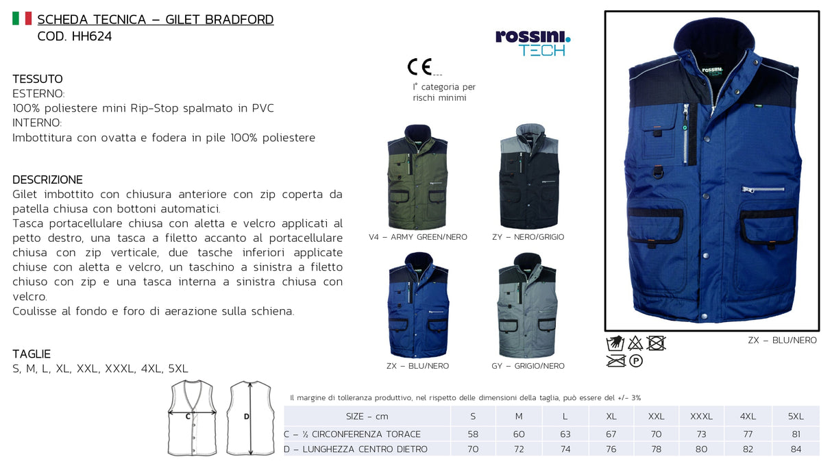 GILET DA LAVORO IMBOTTITO MULTITASCHE ROSSINI BRADFORD HH624 UOMO