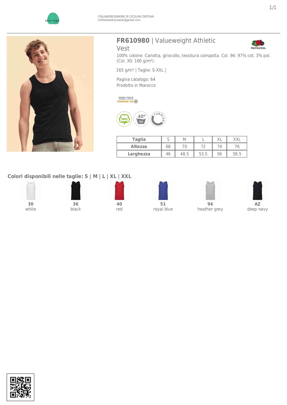 CANOTTA ATHLETIC VEST FR610980 FRUIT OF THE LOOM UOMO