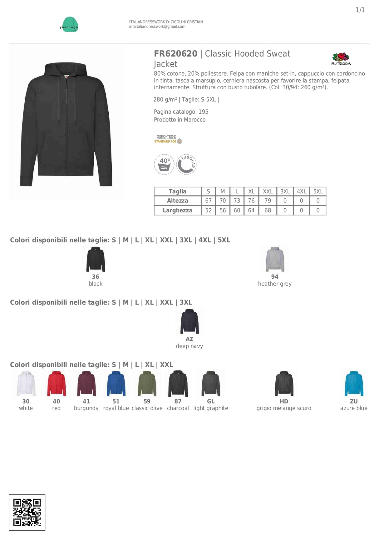 FELPA CON CAPPUCCIO E ZIP FRUIT OF THE LOOM 620620 CLASSIC HOODED SWEAT JACKET UOMO