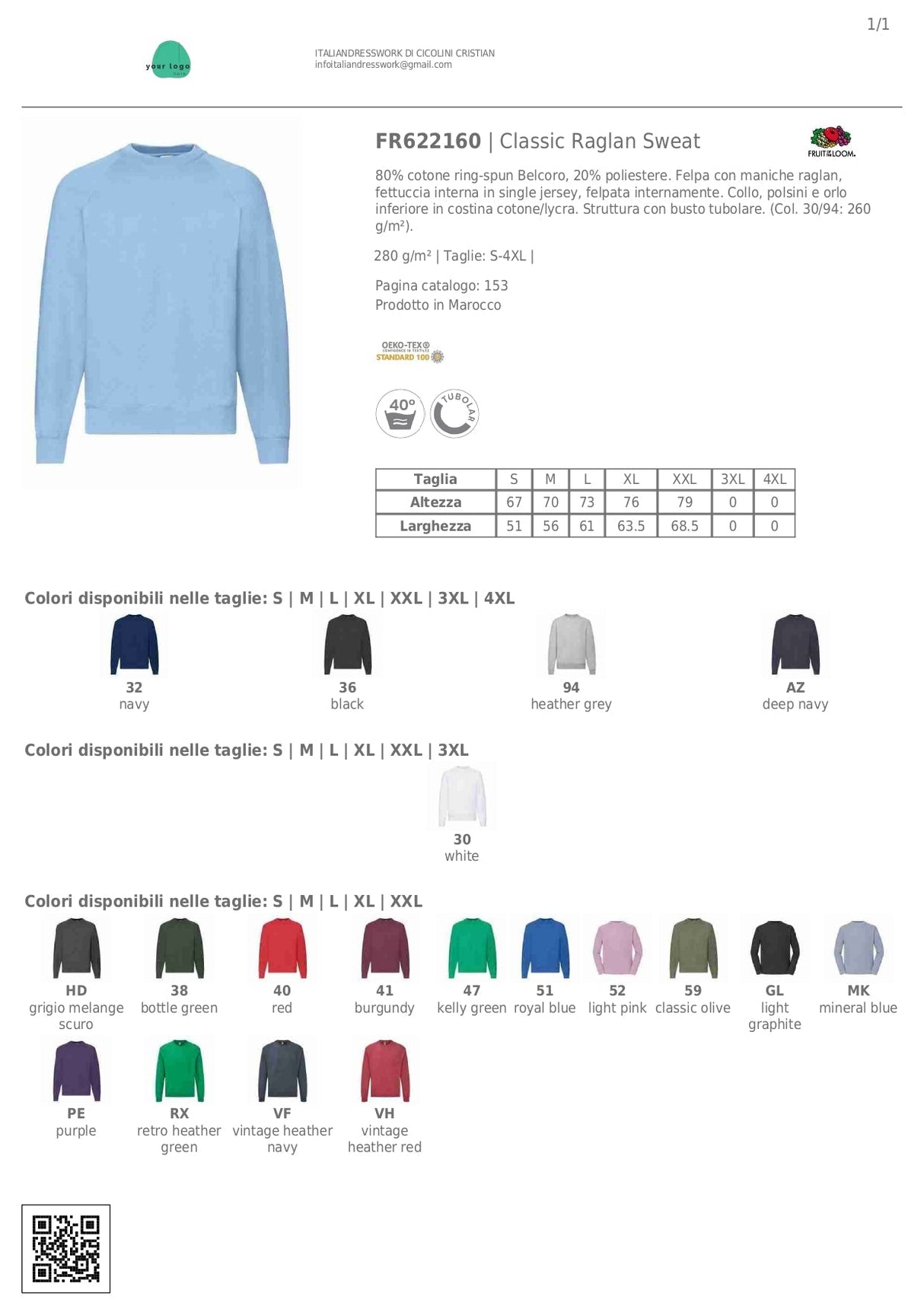 FELPA GIROCOLLO  FRUIT OF THE LOOM 622160 CLASSIC REGLAN SWEAT UOMO