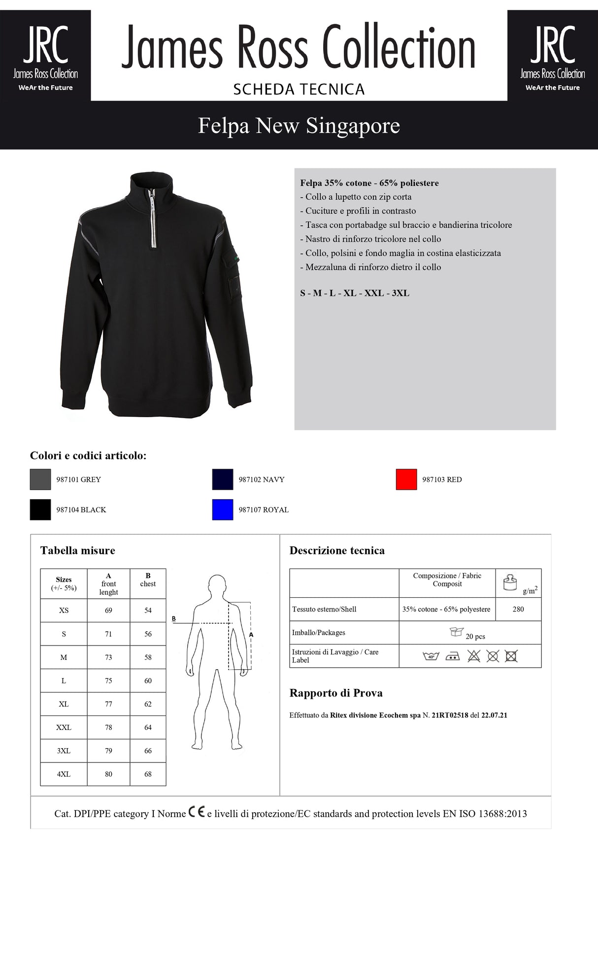 FELPA DA LAVORO CON MEZZA ZIP JRC NEW SINGAPORE UOMO