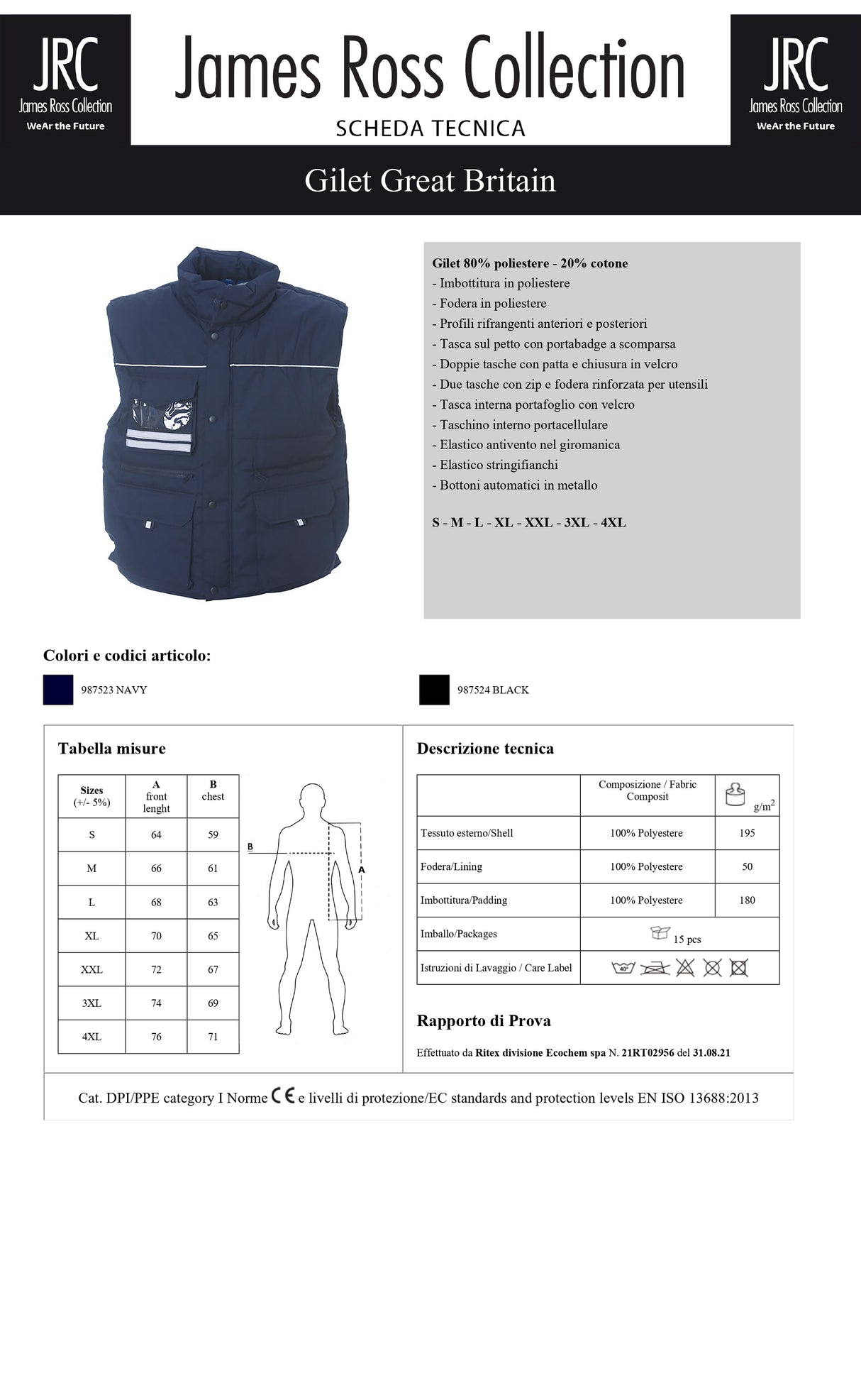 GILET DA LAVORO IMBOTTITO MULTITASCHE JRC GREAT BRITAIN UOMO