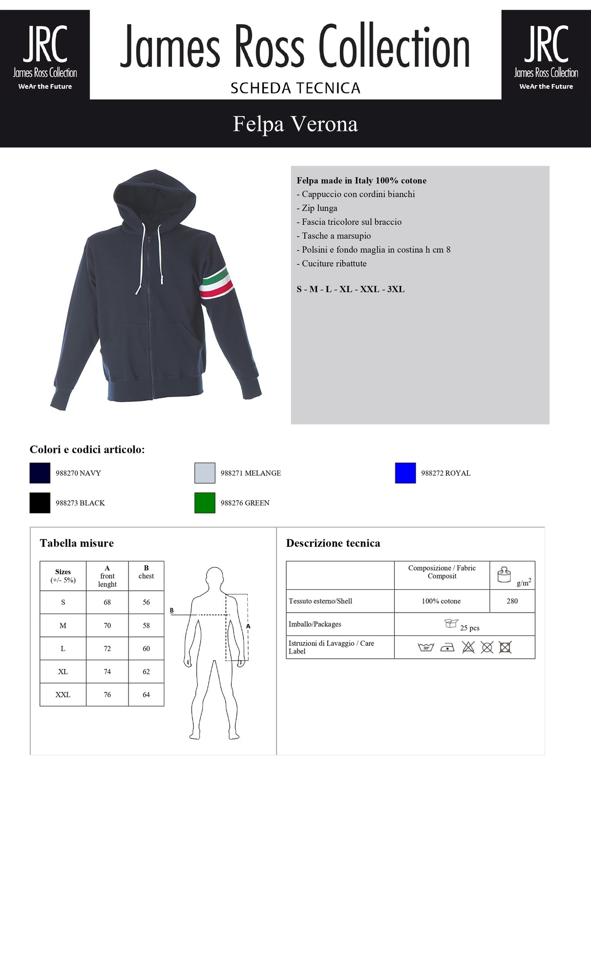 FELPA CON CAPPUCCIO E ZIP MADE IN ITALY JRC VERONA UOMO