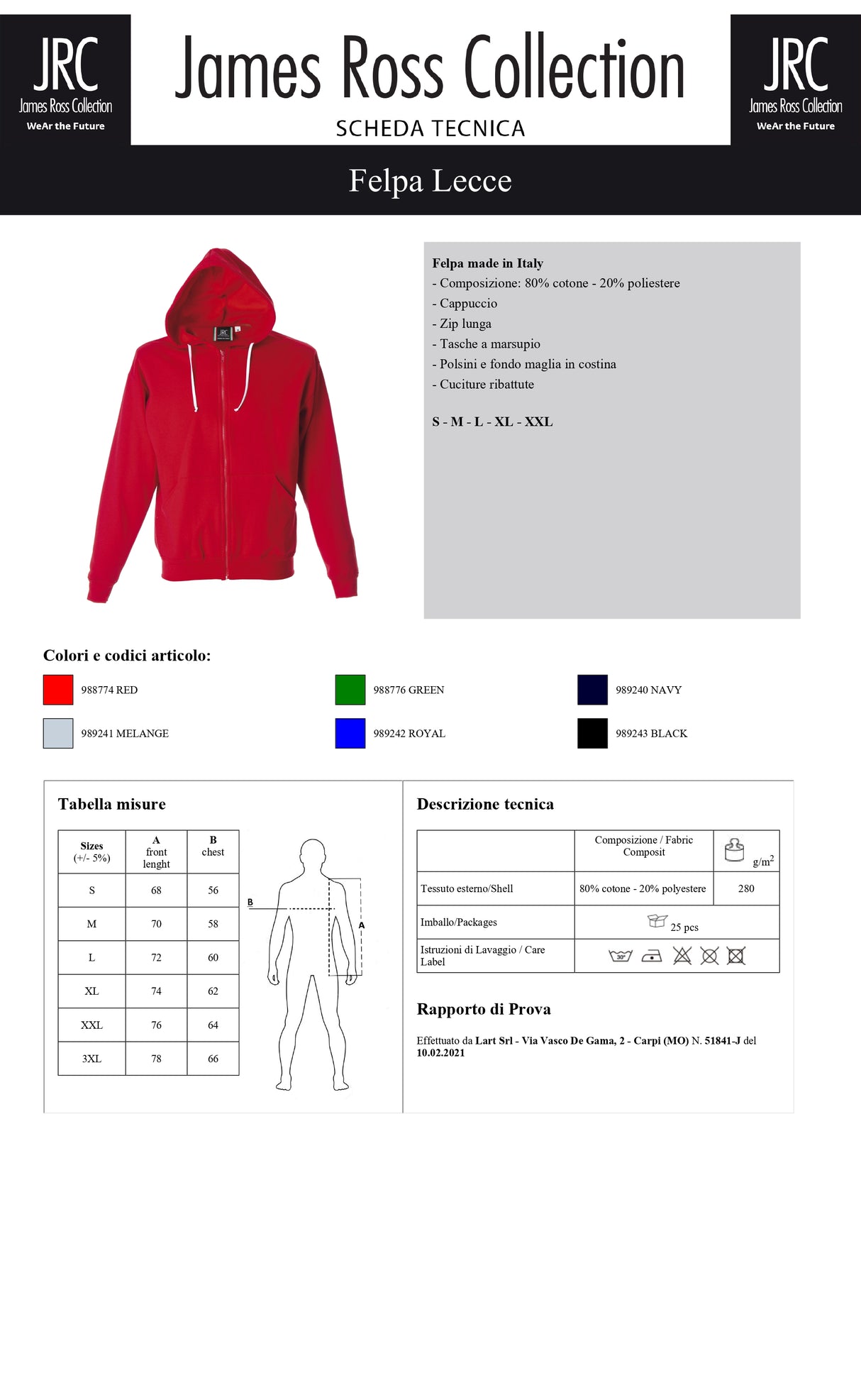 FELPA CON CAPPUCCIO E ZIP MADE IN ITALY JRC LECCE UOMO