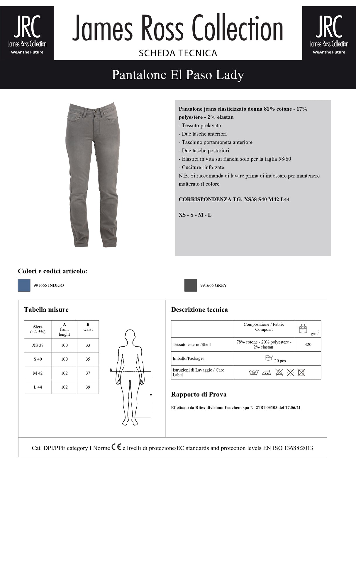 PANTALONE ELASTICIZZATO JRC EL PASO LADY DONNA
