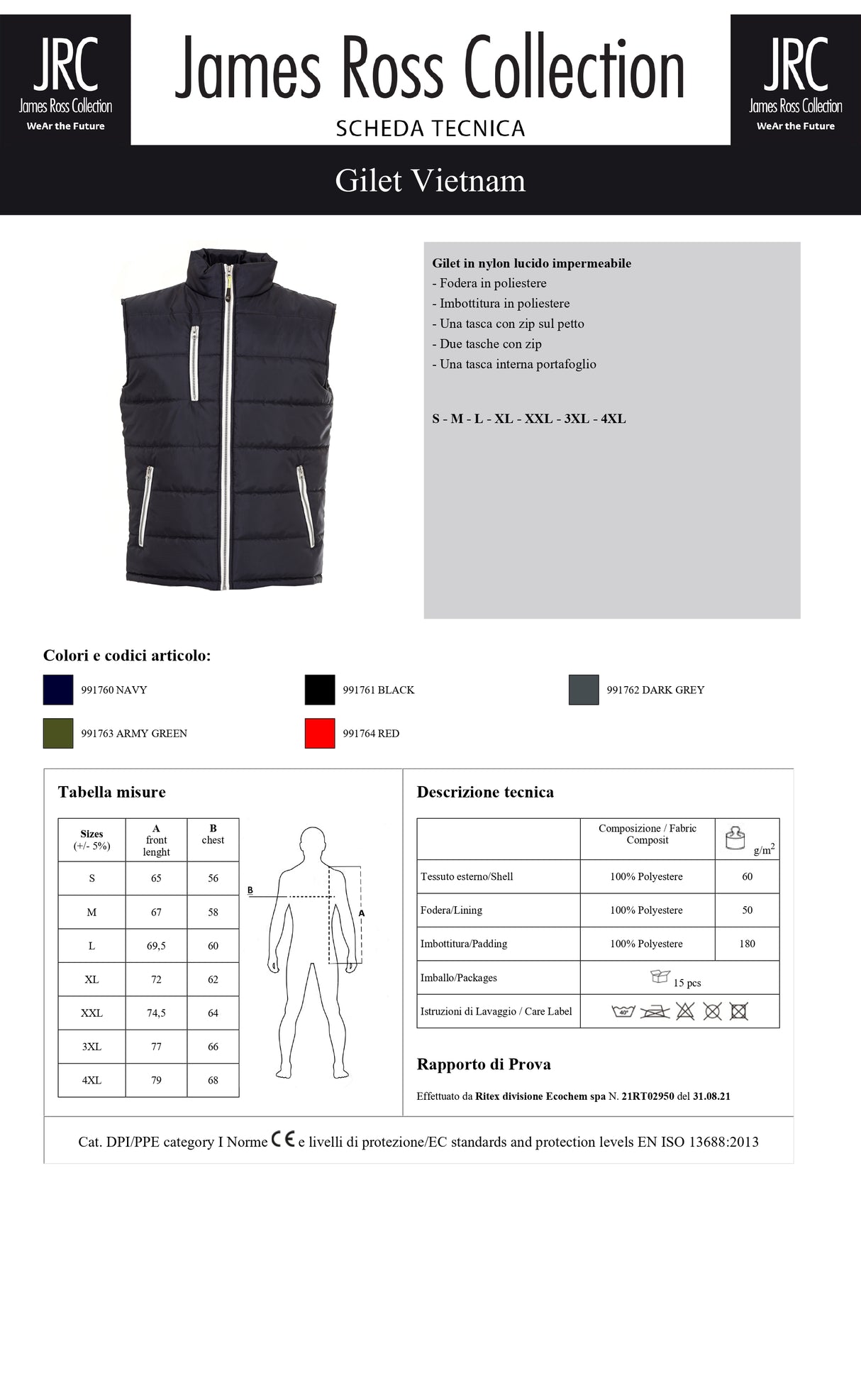 GILET IMBOTTITO IMPERMEABILE JRC VIETNAM UOMO