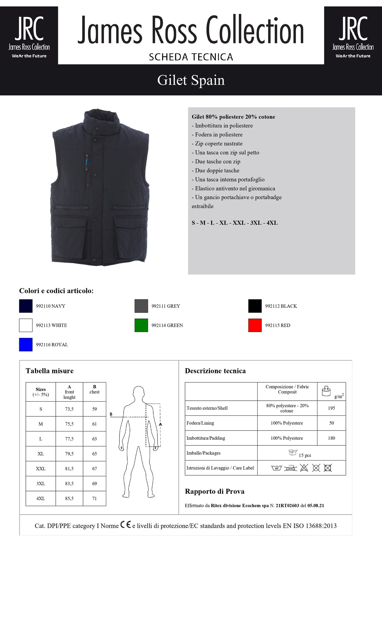 GILET DA LAVORO IMBOTTITO MULTITASCHE JRC SPAIN UOMO