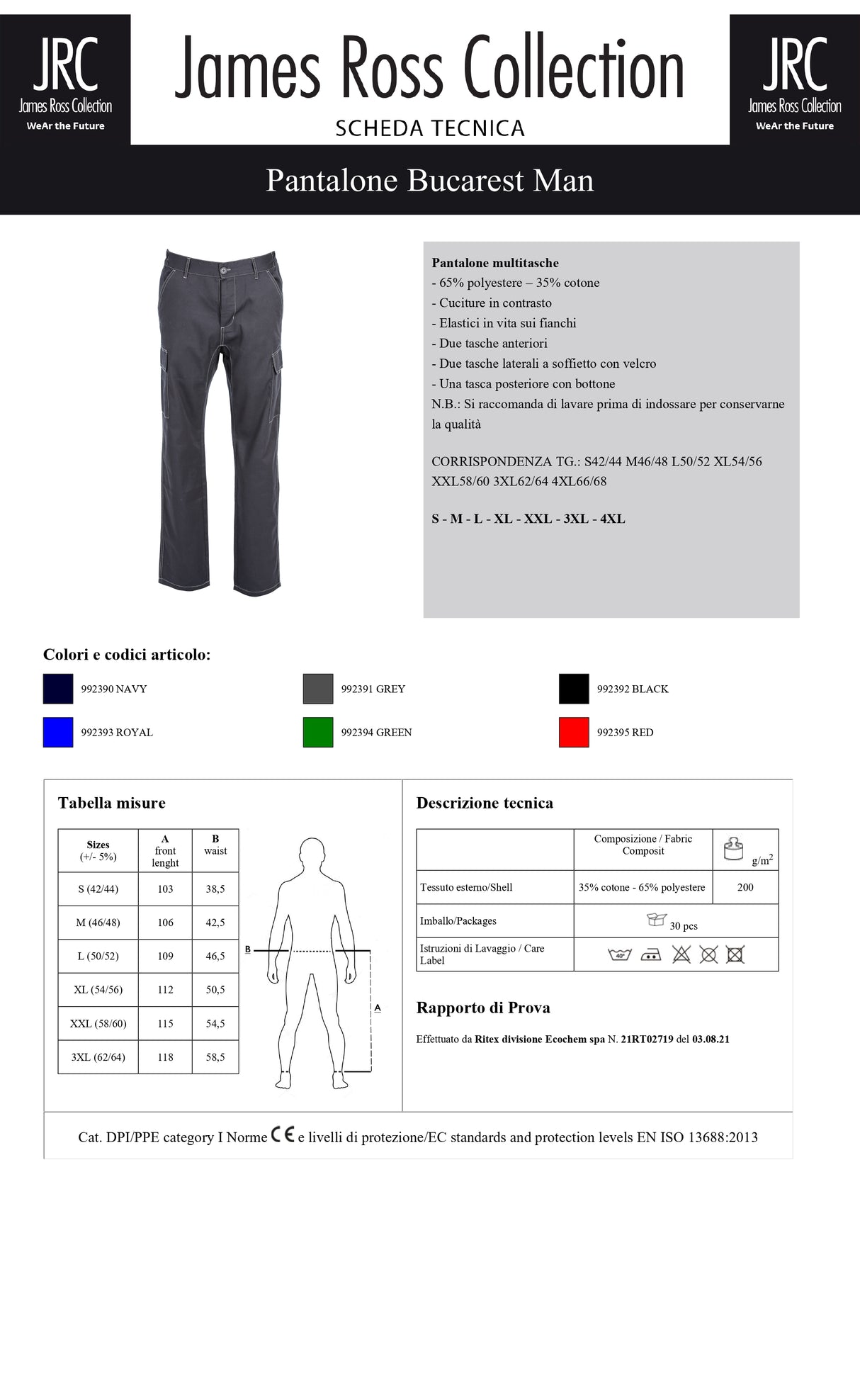 PANTALONE DA LAVORO MULTITASCHE JRC BUCAREST MAN UOMO