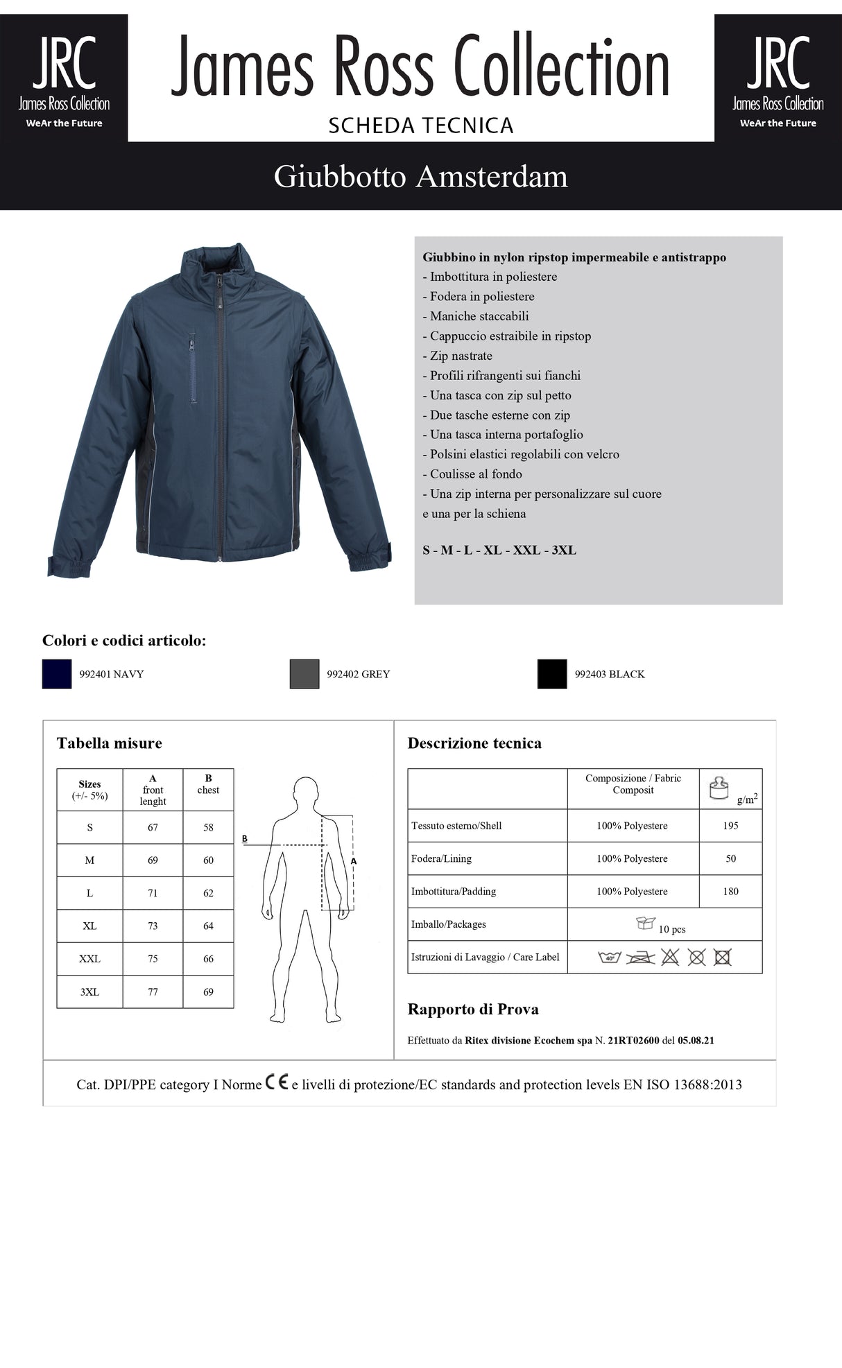 GIACCA IMBOTTITA IMPERMEABILE JRC AMSTERDAM UOMO