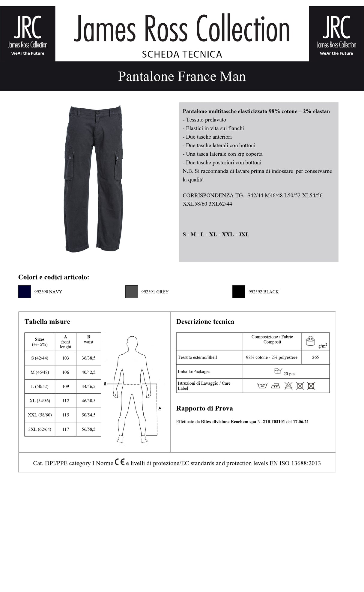 PANTALONE DA LAVORO MULTITASCHE JRC FRANCE MAN UOMO