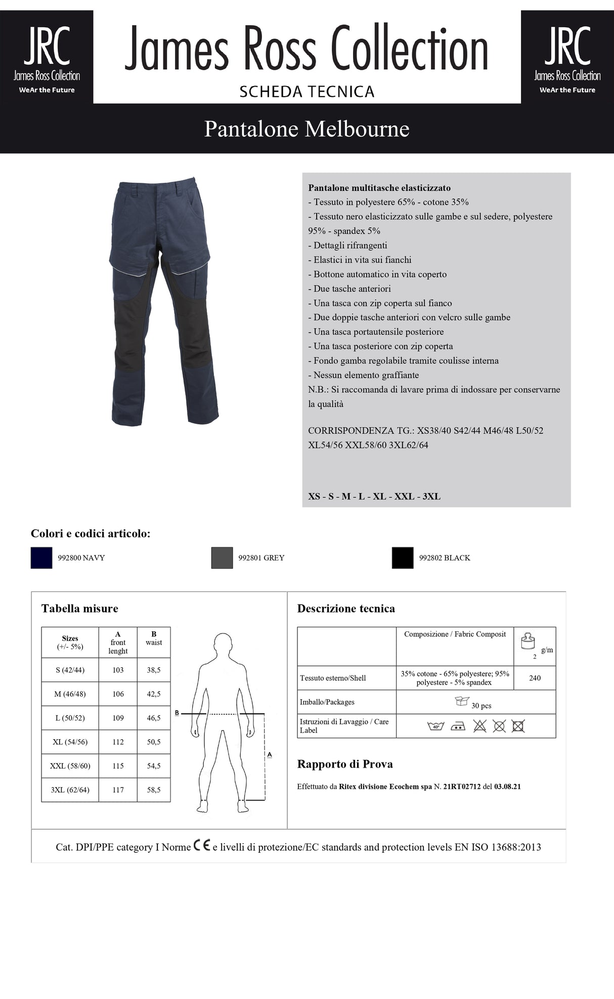 PANTALONE DA LAVORO MULTITASCHE ELASTICIZZATO JRC MELBOURNE UOMO