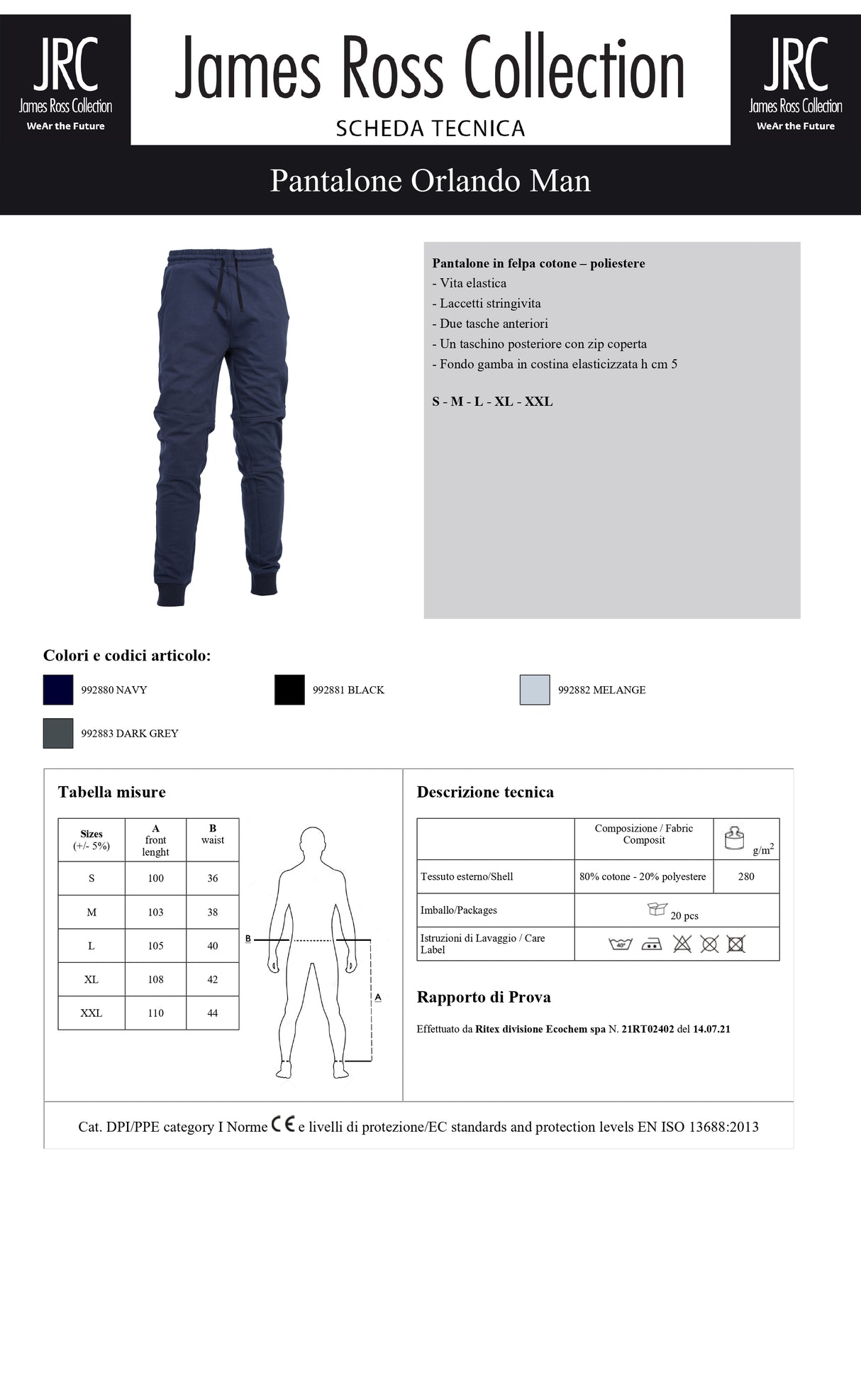 PANTALONE TUTA FELPATO JRC ORLANDO MAN UOMO